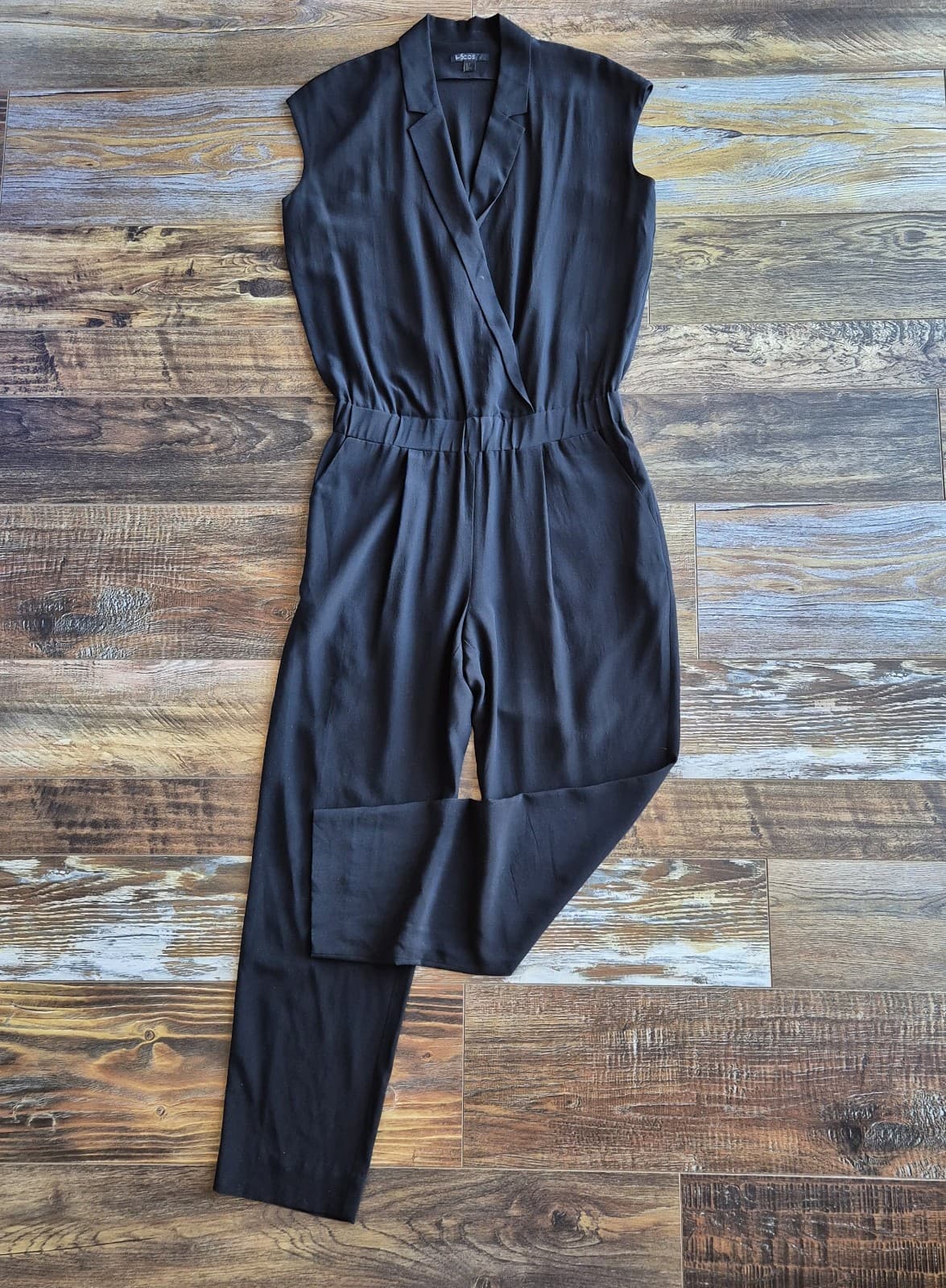 COS 100% Silk Surplice Jumpsuit Cap Sleeve Pocket Elastic Waist Black Women's 4