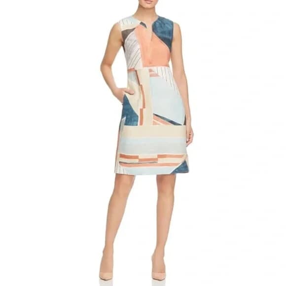 NWT Lafayette 148 NY Taren Linen Shift Dress Sleeveless Pacific Multi Sz.10 $598