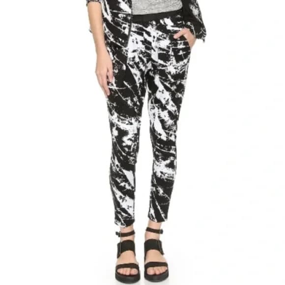 Helmut Lang Marble Abstract Ankle Pants Zip Pocket Stretch Black White Womens M