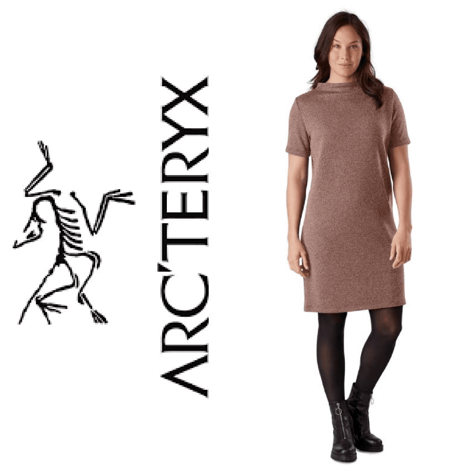 Arc'teryx Laina Mini Shift Dress Pullover Short Sleeve Mock Neck Knit Brown Sz.S