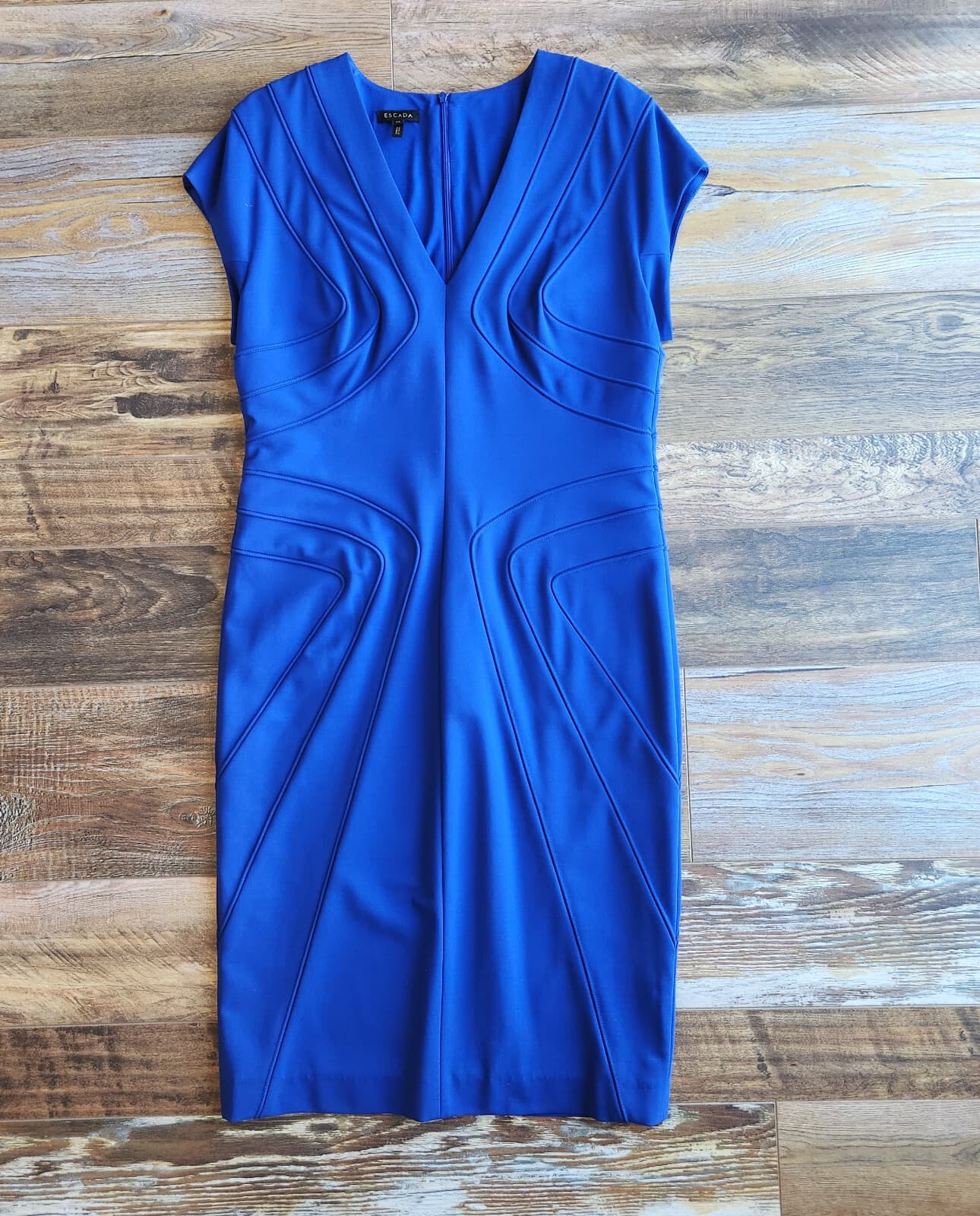 ESCADA Danette Piped Scuba Career Work Sheath Dress Cap Sleeve Cobalt Blue Sz.40