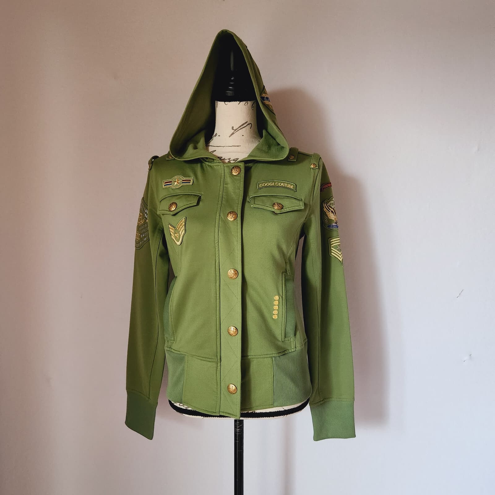 COOGI Military Hooded Jacket Zip-Up Gold-Button Pocket Cotton Blend Green Girl L