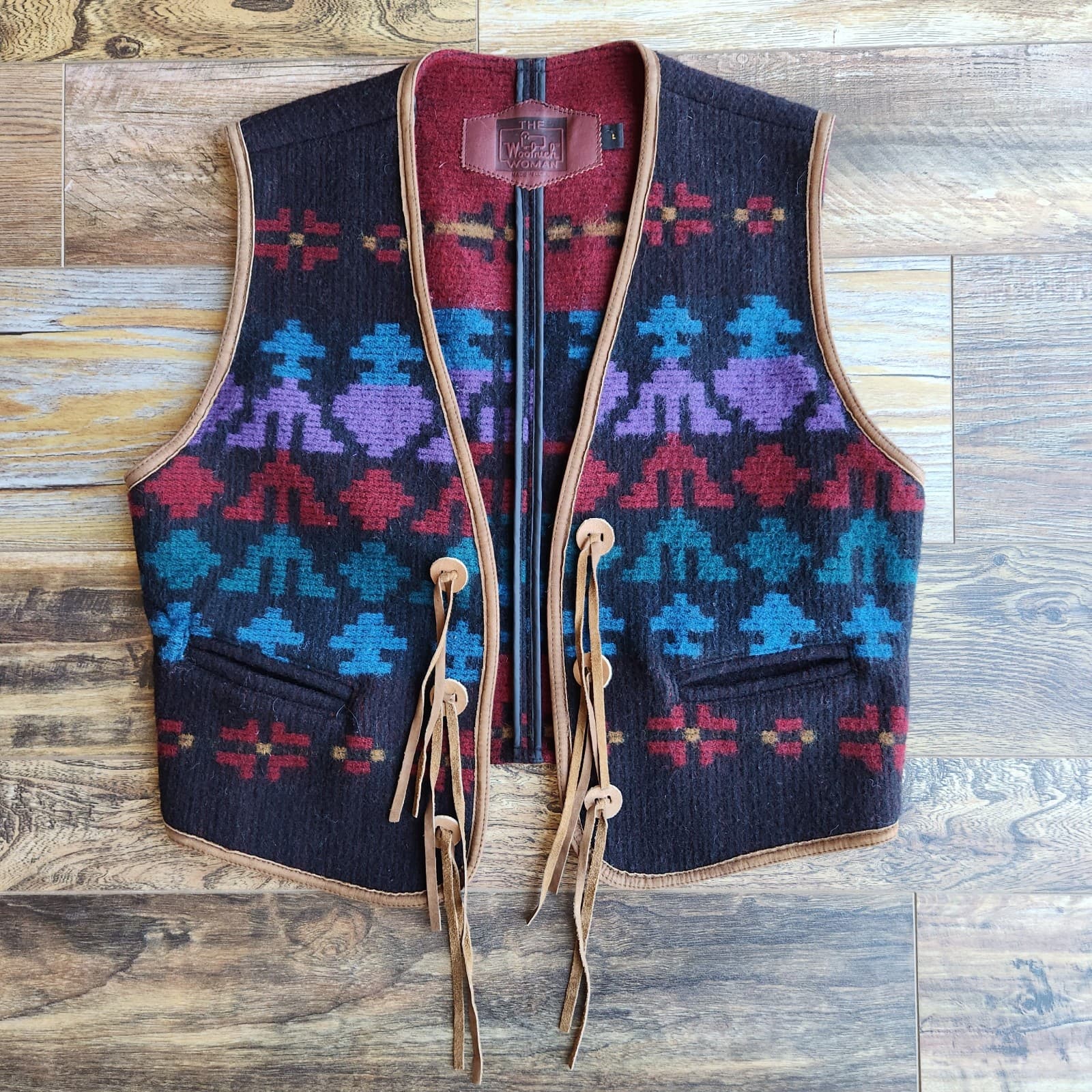 Vintage'80 Woolrich Made in USA Aztec Southwest Wool Leather Trim Vest Women's L