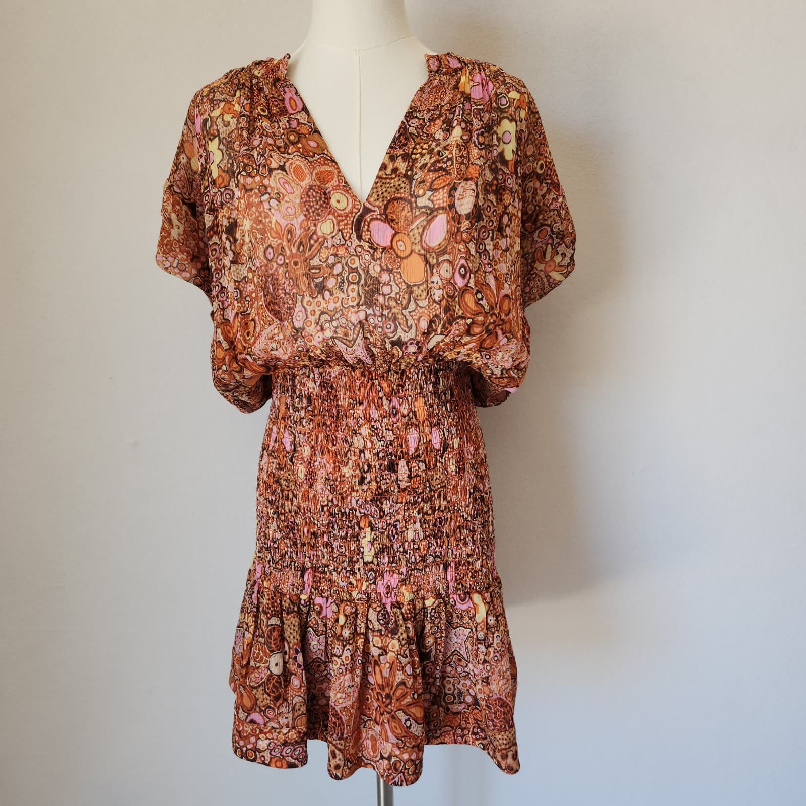 A.L.C. Carly Floral Silk Smocked Mini Dress Cap Sleeve Multicolor Chiffon Sz.10