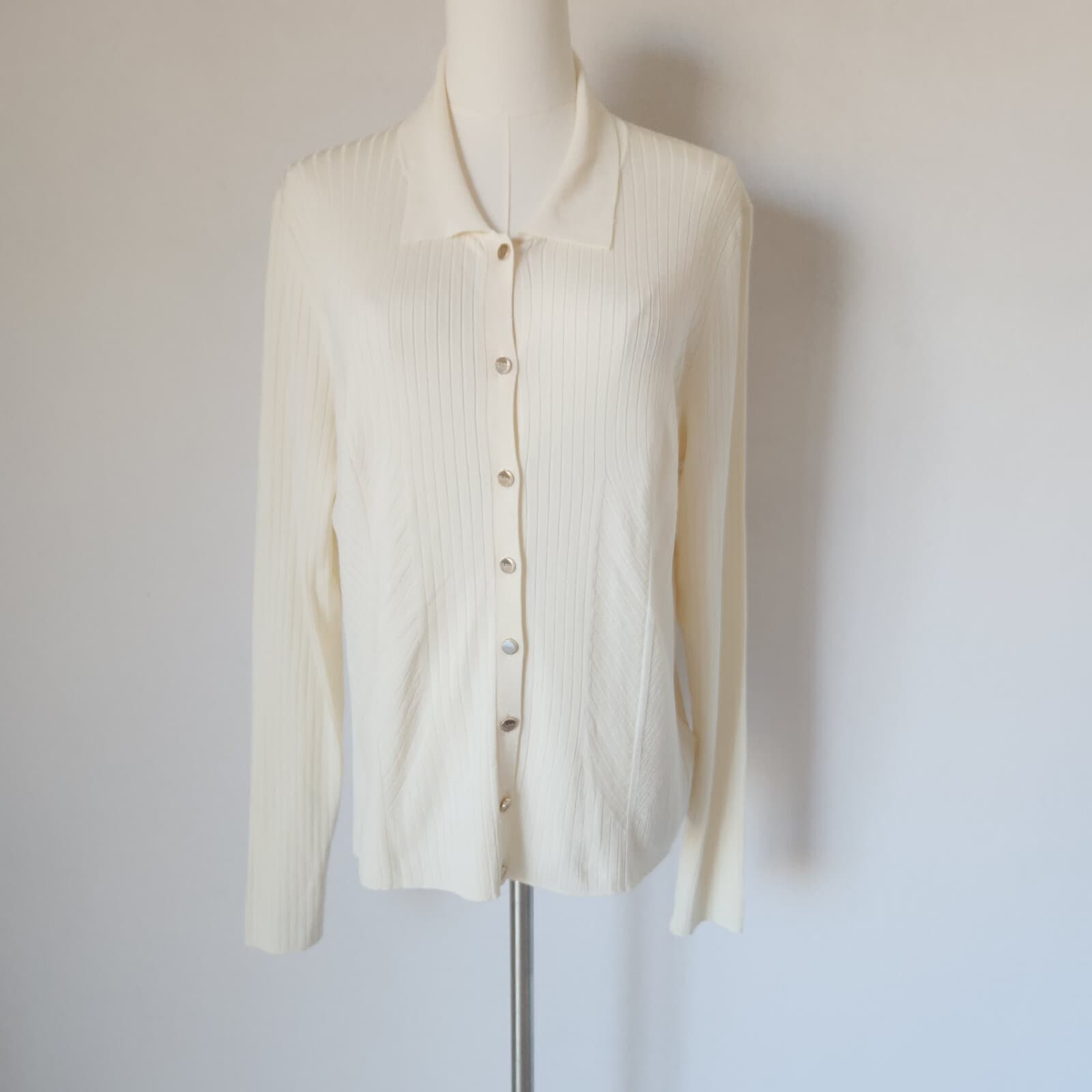 Ted Baker Meenaa Collared Cardigan Gold Button Ribbed Knit Ivory Viscose Sz.4/M
