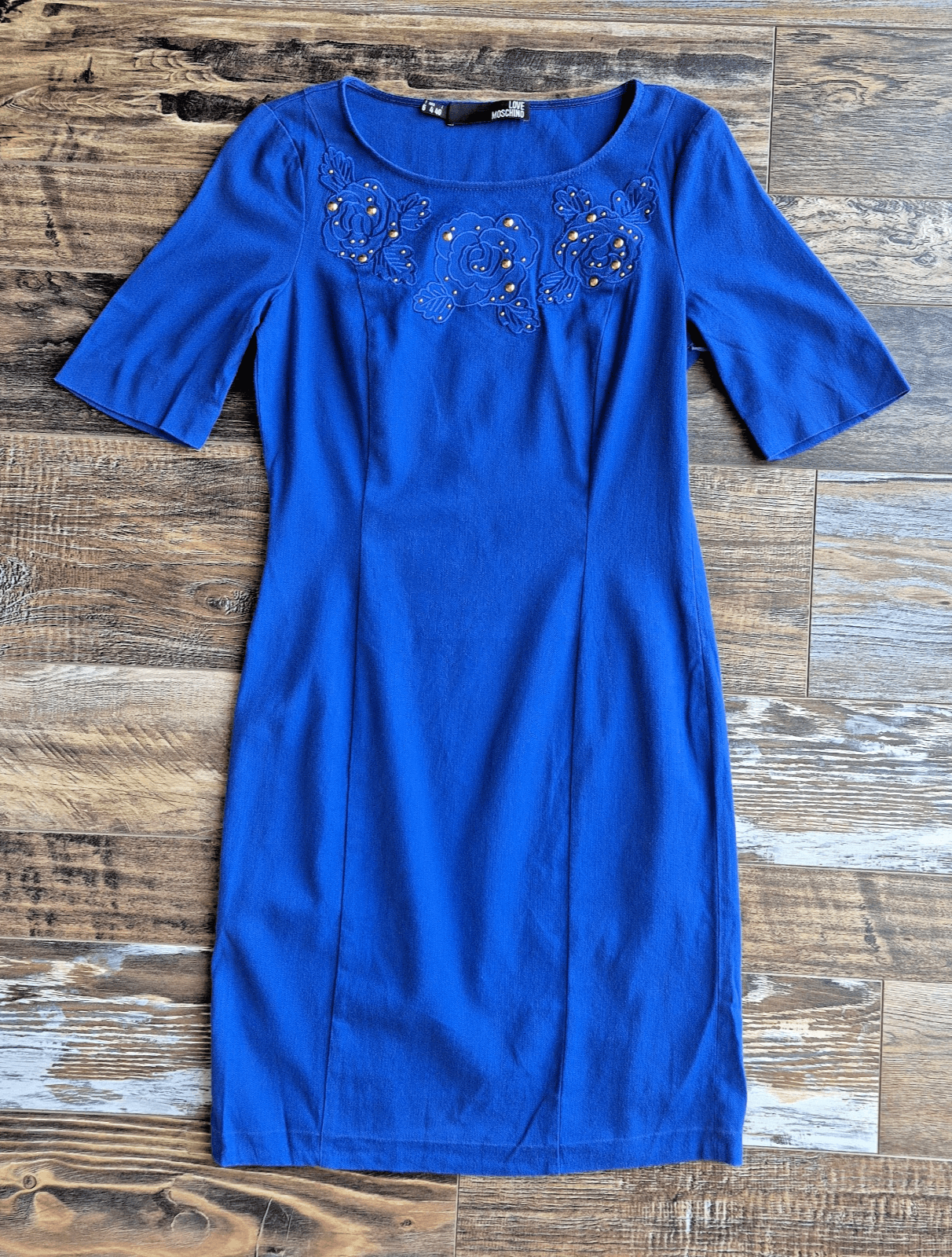 LOVE MOSCHINO Italy Floral Embroidered Studded Wool Blend Sheath Dress Blue US4