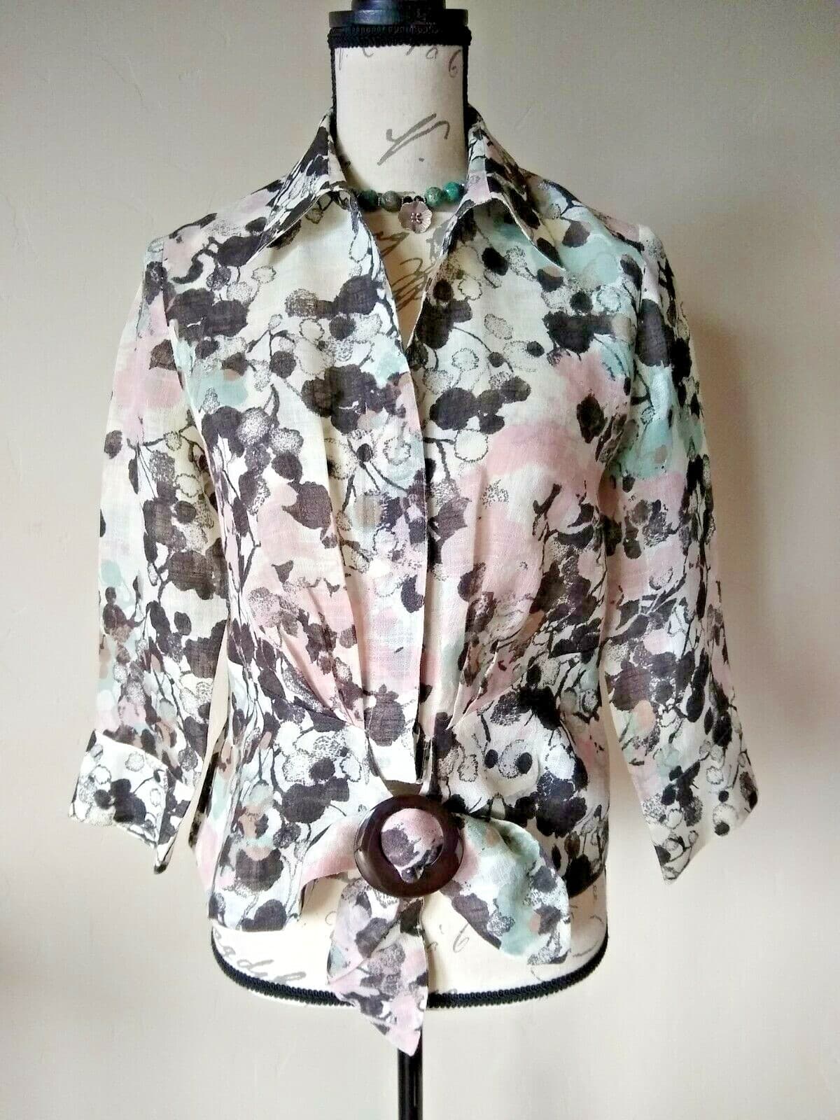 LAFAYETTE 148 NY Linen Blend Top Long Sleeve Tie-Waist Geo-Print Multicolor Sz.4