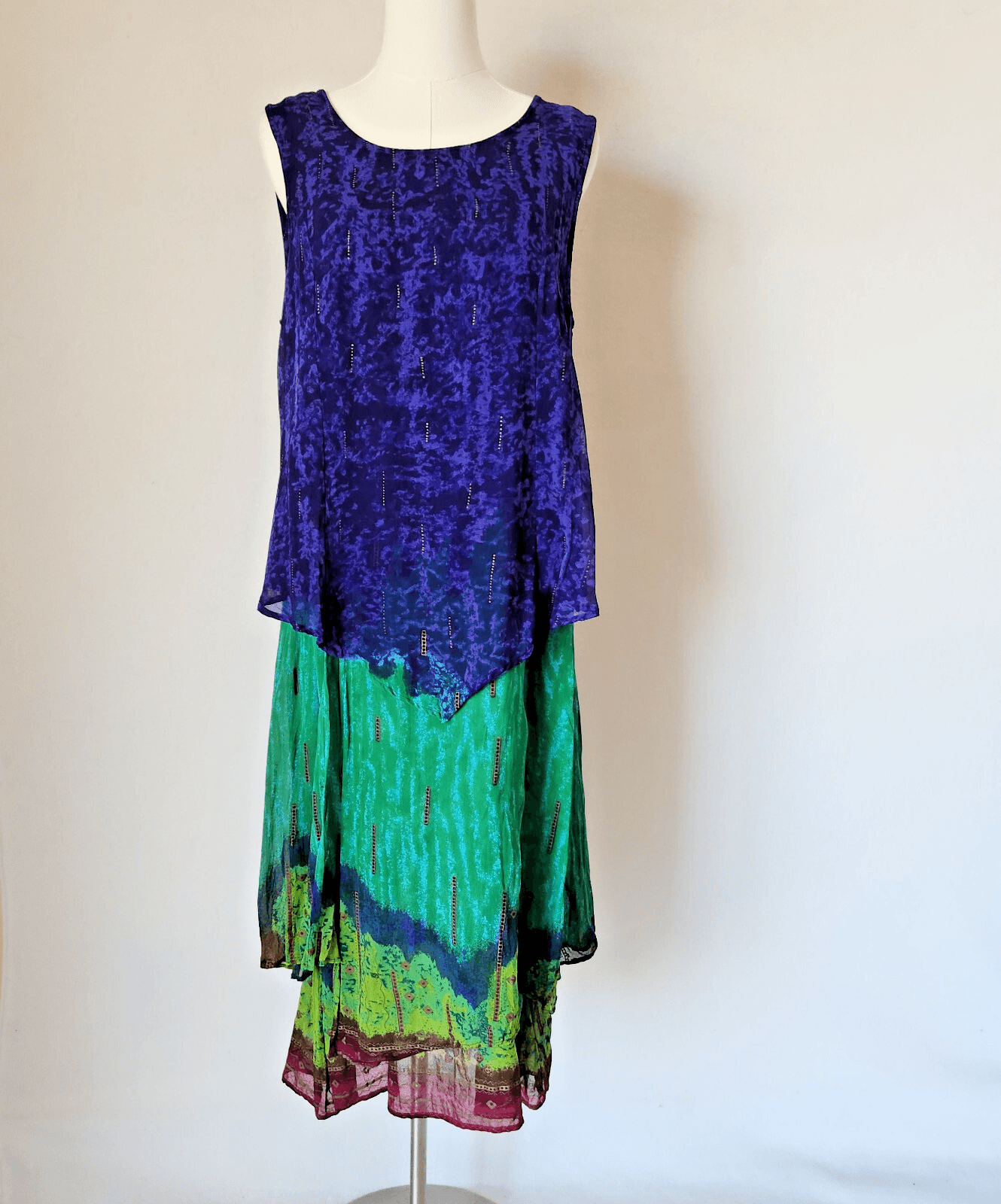 Phool Dip Dye Layered Boho Hippie Midi Dress Sleeveless Multicolor Rayon Women L