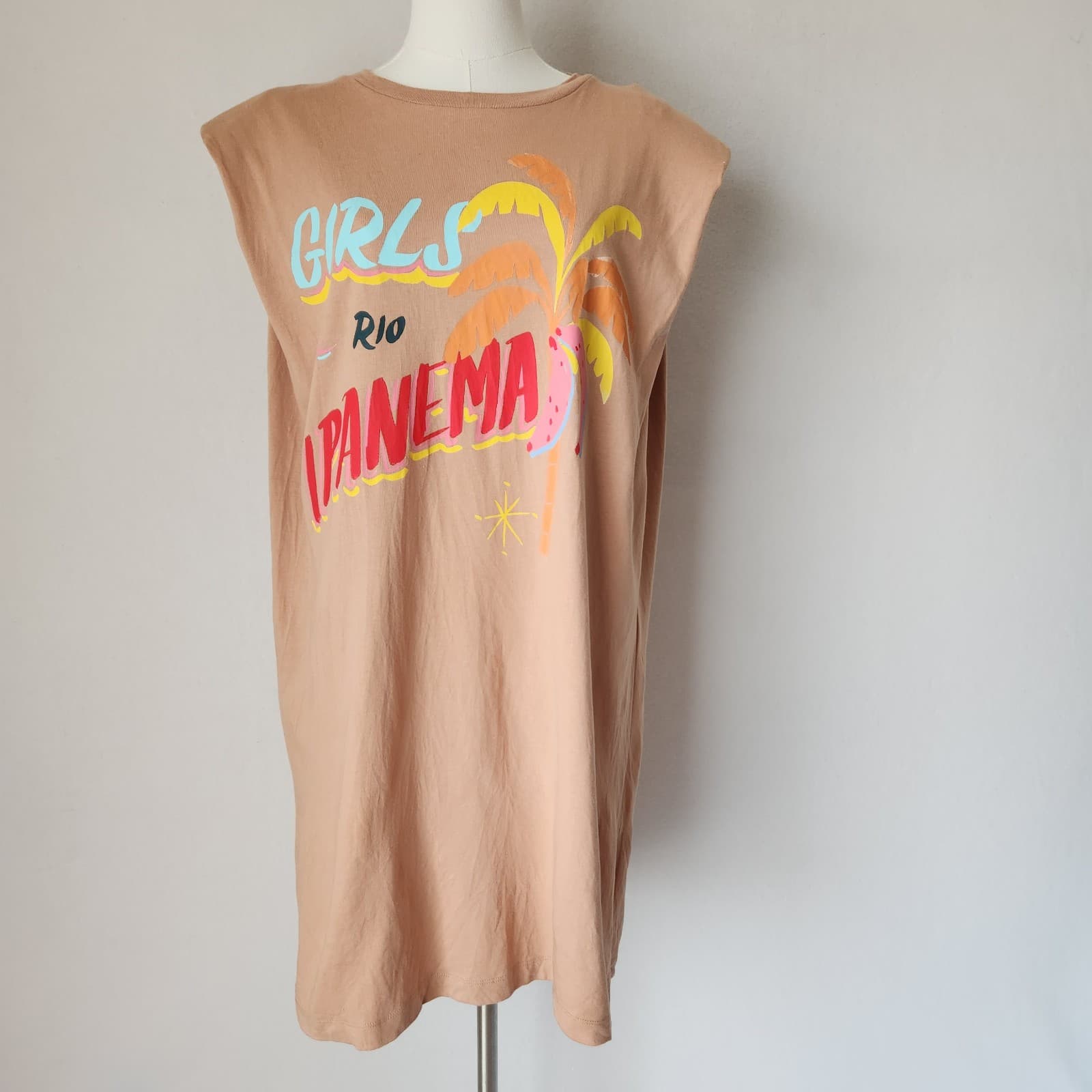 FARM Rio Ipanema Graphic Mini T-Shirt Dress Crewneck Cap Sleeve Cotton Tan Sz.S