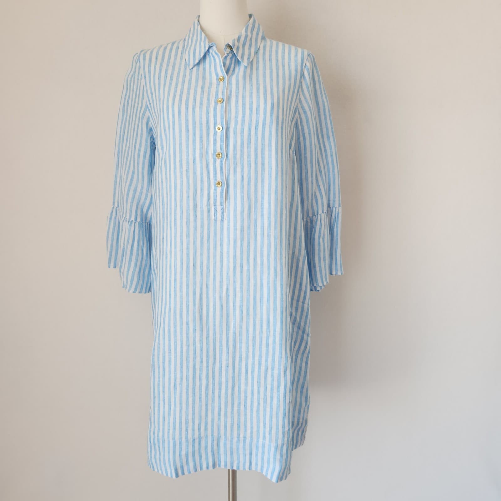 NWT Lilly Pulitzer Sz.6 Linen Jazmyn Dress Bell Sleeve Lunar Blue Bimini Stripe