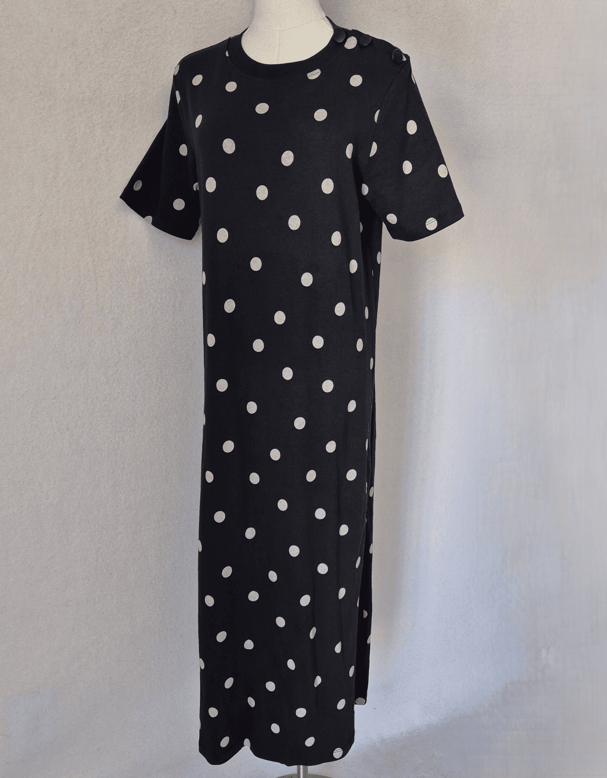 SEZANE Emy Polka Dot Tee-Shirt Dress Crew Neck Short Sleeve Black Ecru Sz.M
