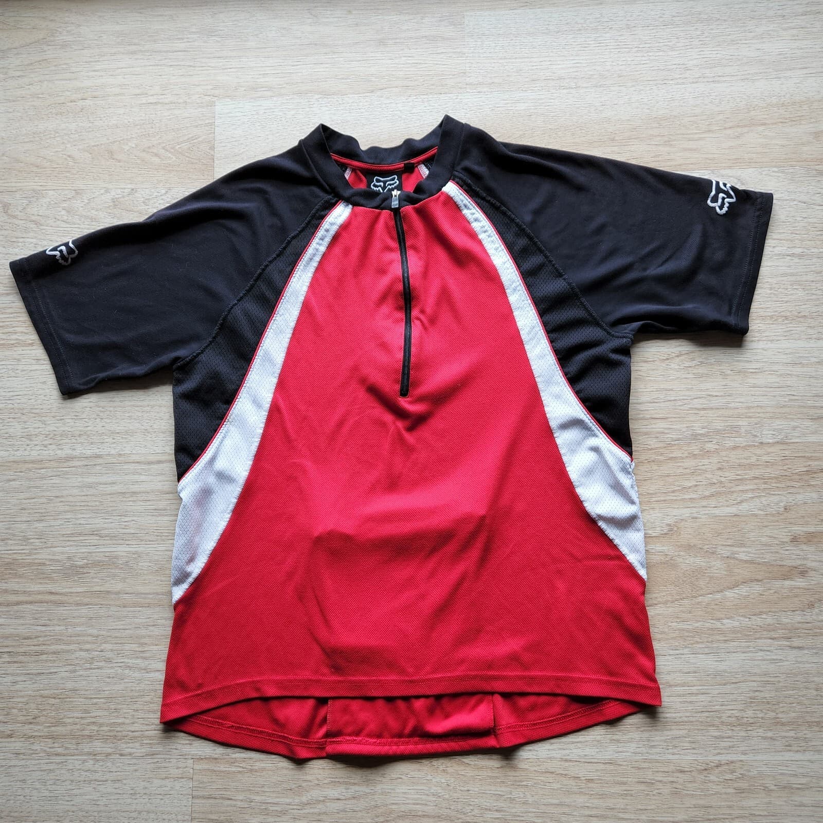FOX Cycling T-Shirt Jersey 1/2 Zip Short Sleeve Back-Zip-Pocket Red Black Men L