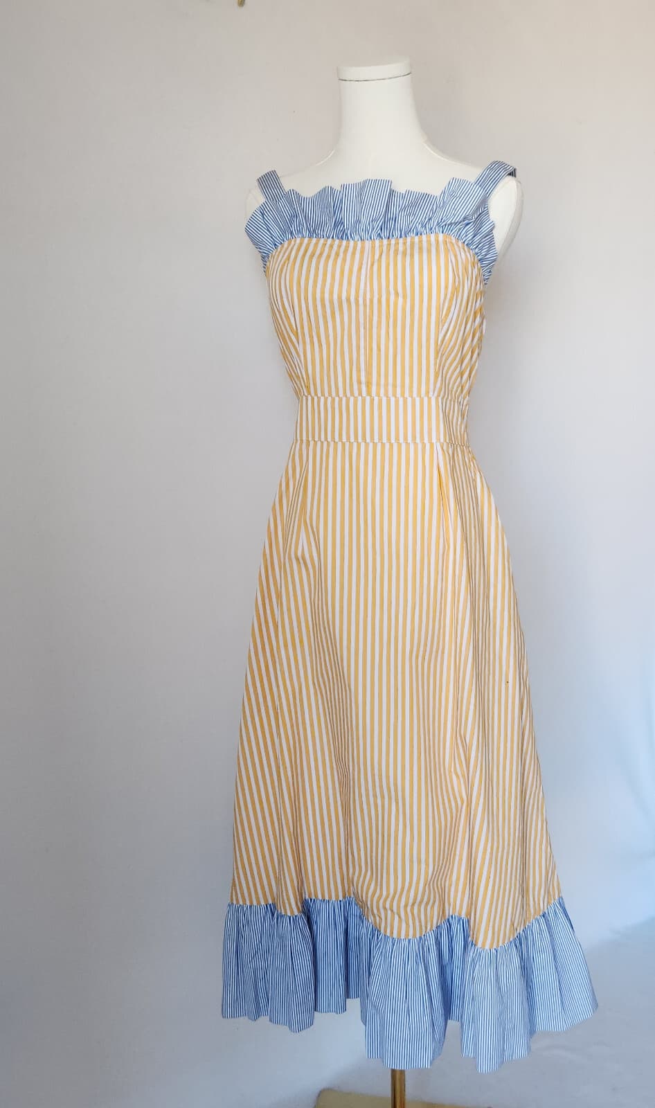 BURU Tiered Fit-Flare Ruffle Sleeveless Midi Dress Pocket Striped Yellow Blue XS