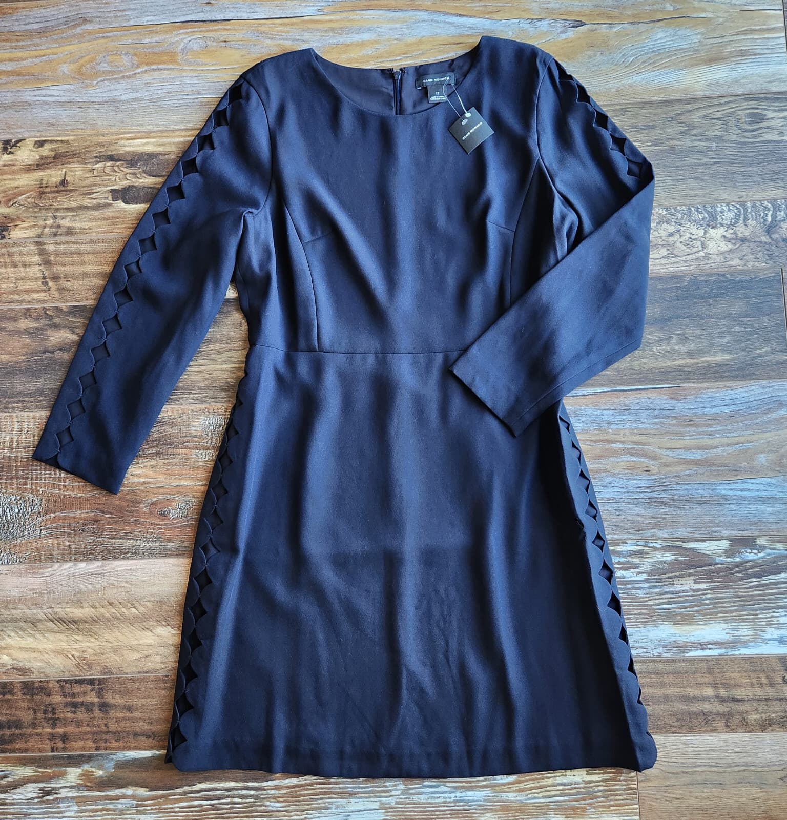 NWT Club Monaco $199 Endi Scalloped Sheath Dress Long Sleeve Navy Blue Sz.12