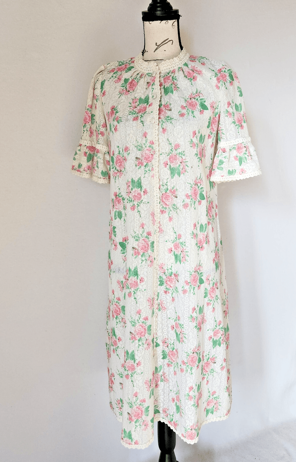 Vintage Hanro Switzerland Floral Lace Mesh Nightgown Lounge Wool Blend White 12