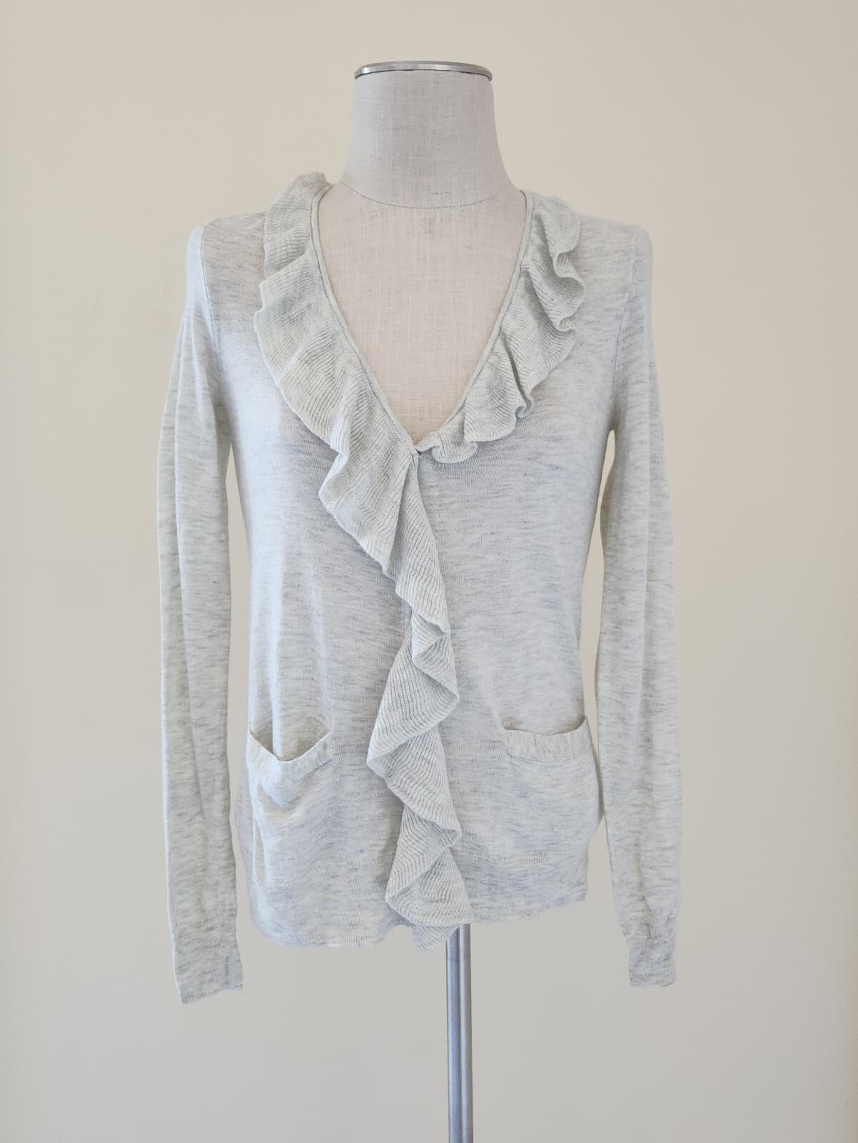 NWT Rebecca Taylor $250 Wool Blend Ruffle V-Neck Cardigan Pocket Grey Women's S