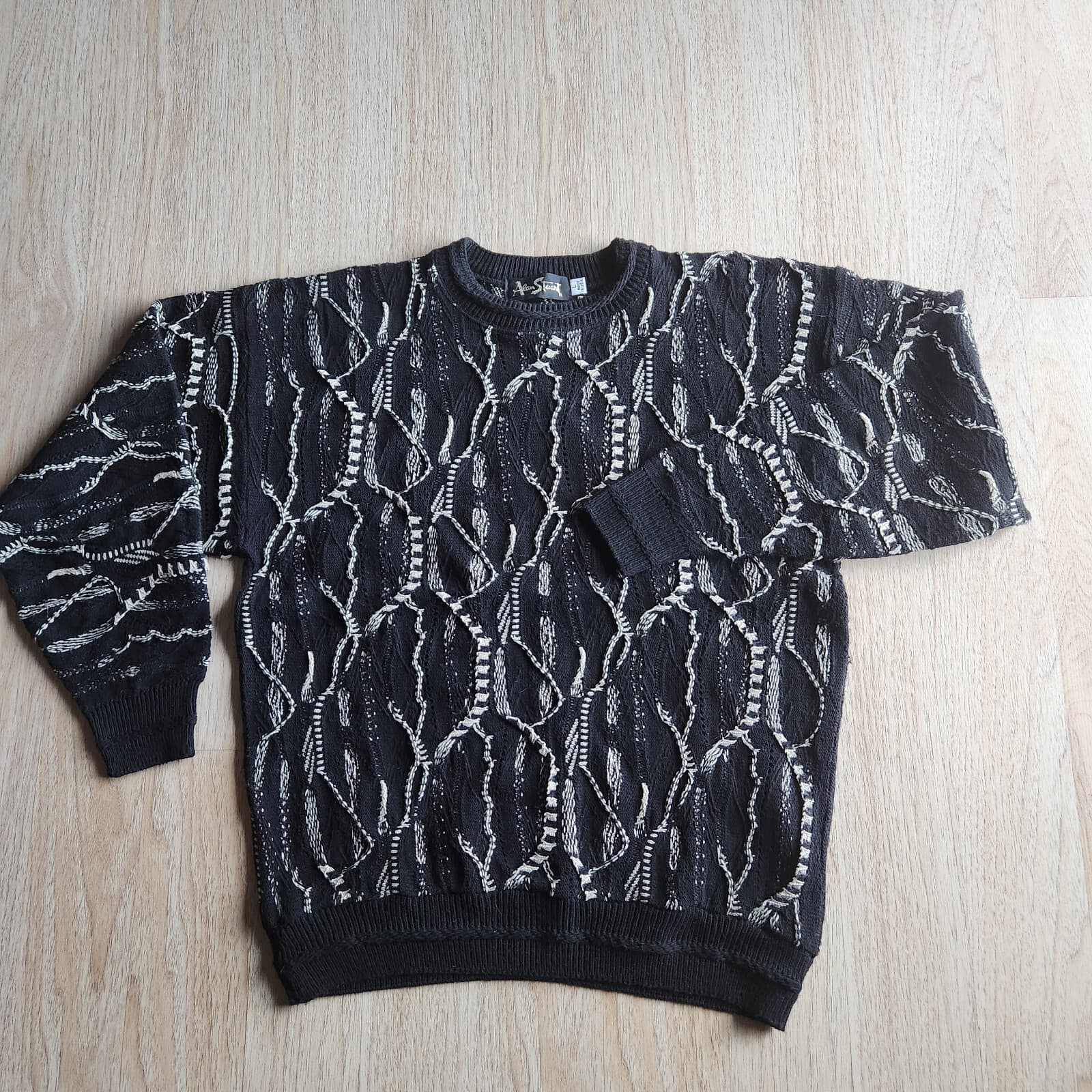 Vintage Alan Stuart USA 3D Cosby Coogi-Style Sweater Crew Neck Black White Men L