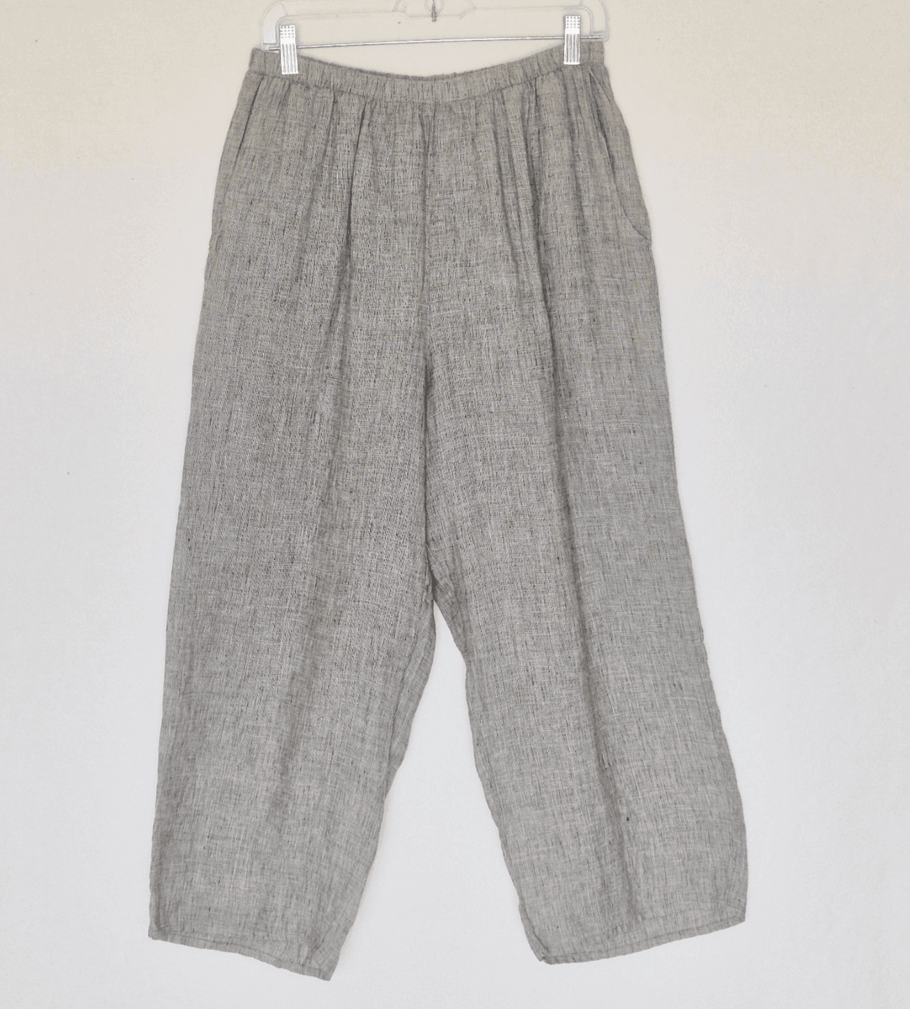 FLAX Linen Lagenlook Wide Leg Cropped Pants Elastic Waist Pocket Grey Women's M