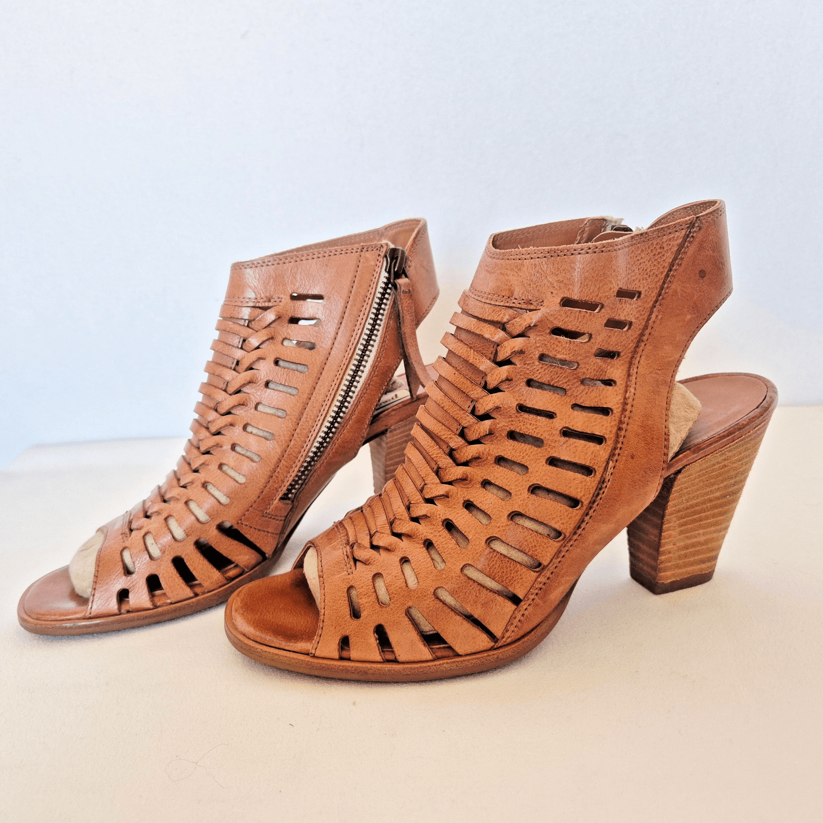 Paul Green Rosa Brown Woven Cayanne Cuoio Leather Peep Toe Heel Sandal UK3.5 US6