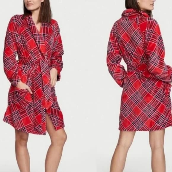 NWT Victoria's Secret Cozy Fleece Plaid Kimono Robe Tie-Waist Red Pink Sz.XS/S