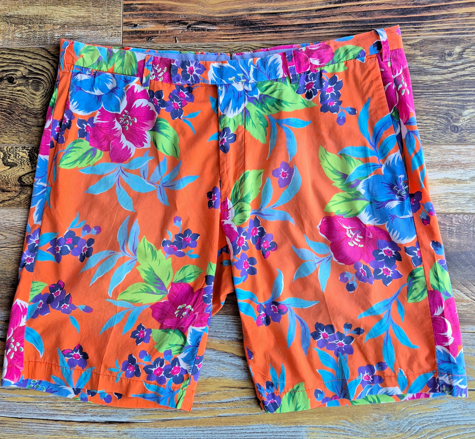 Vintage Polo by Ralph Lauren Floral Cotton 9.5" Shorts Zip Pocket Orange Mens 36