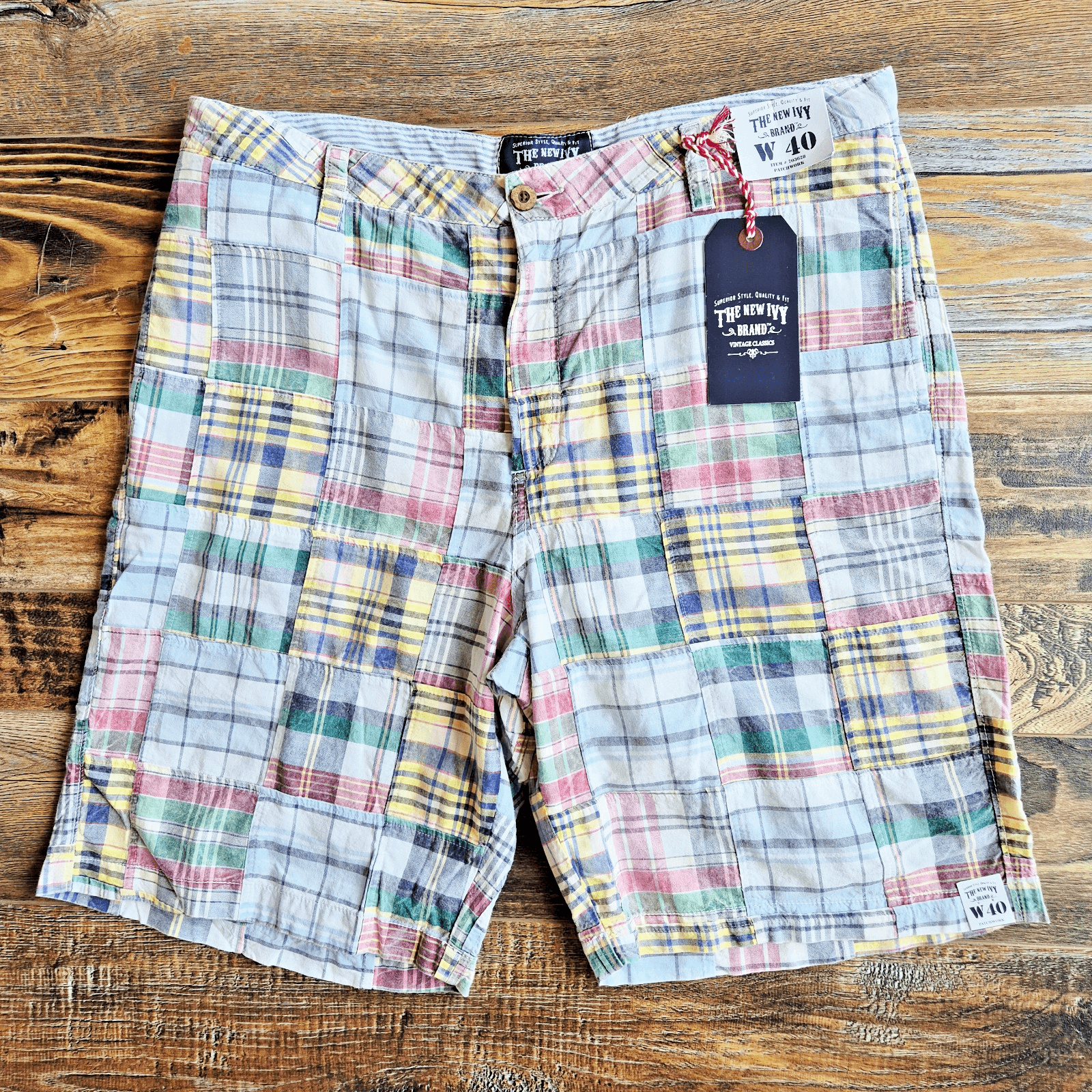 NWT The New Ivy Brand Patchwork Madras Plaid 10" Walking Shorts Cotton Men's 40