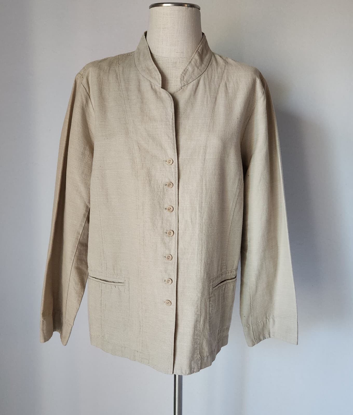 Vintage EILEEN FISHER Mandarin Neck Jacket Button Pocket Cotton Beige Sz.1X
