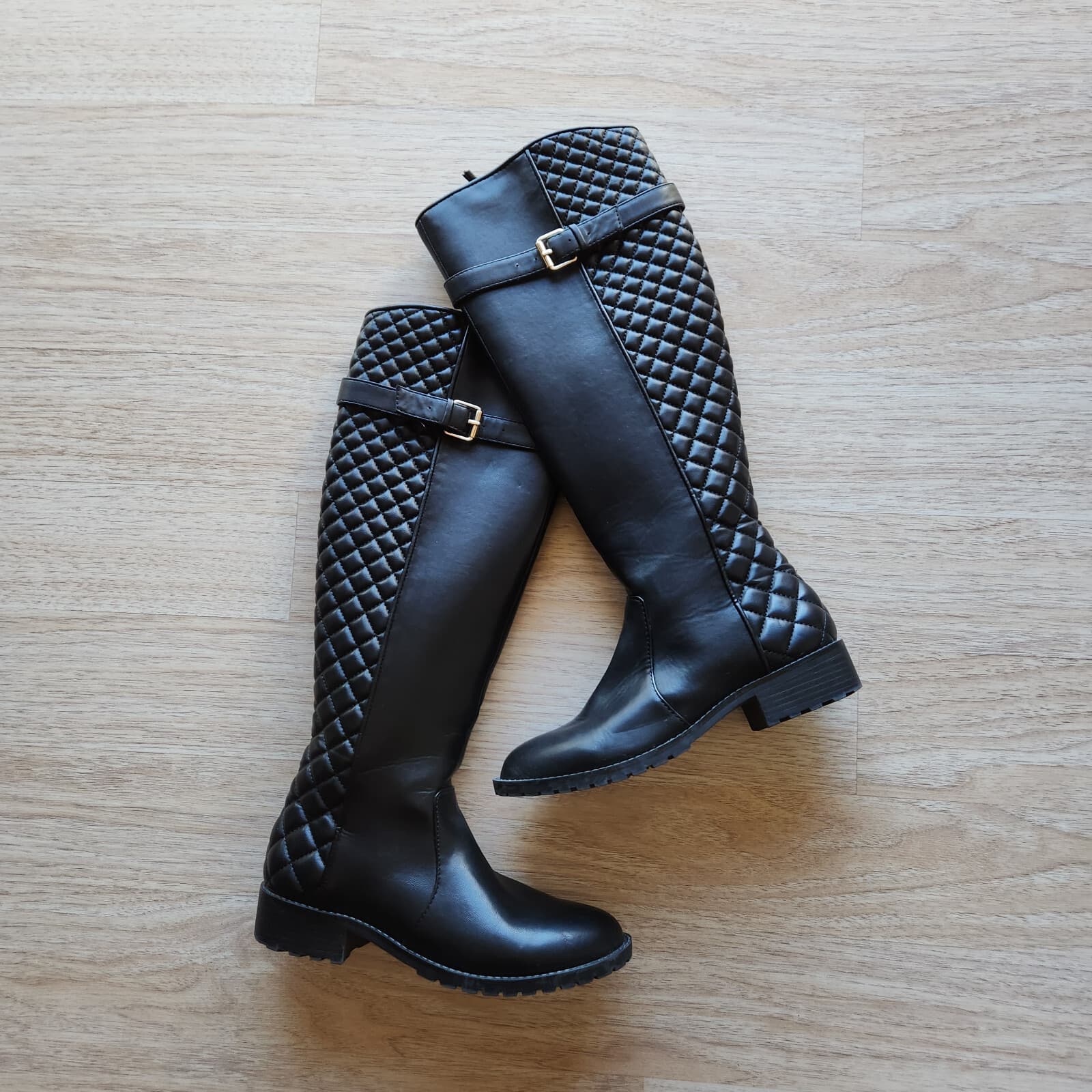 Zara Trafaluc Quilted Knee High Riding Moto Boot Buckle Side-Zip Black Women 38