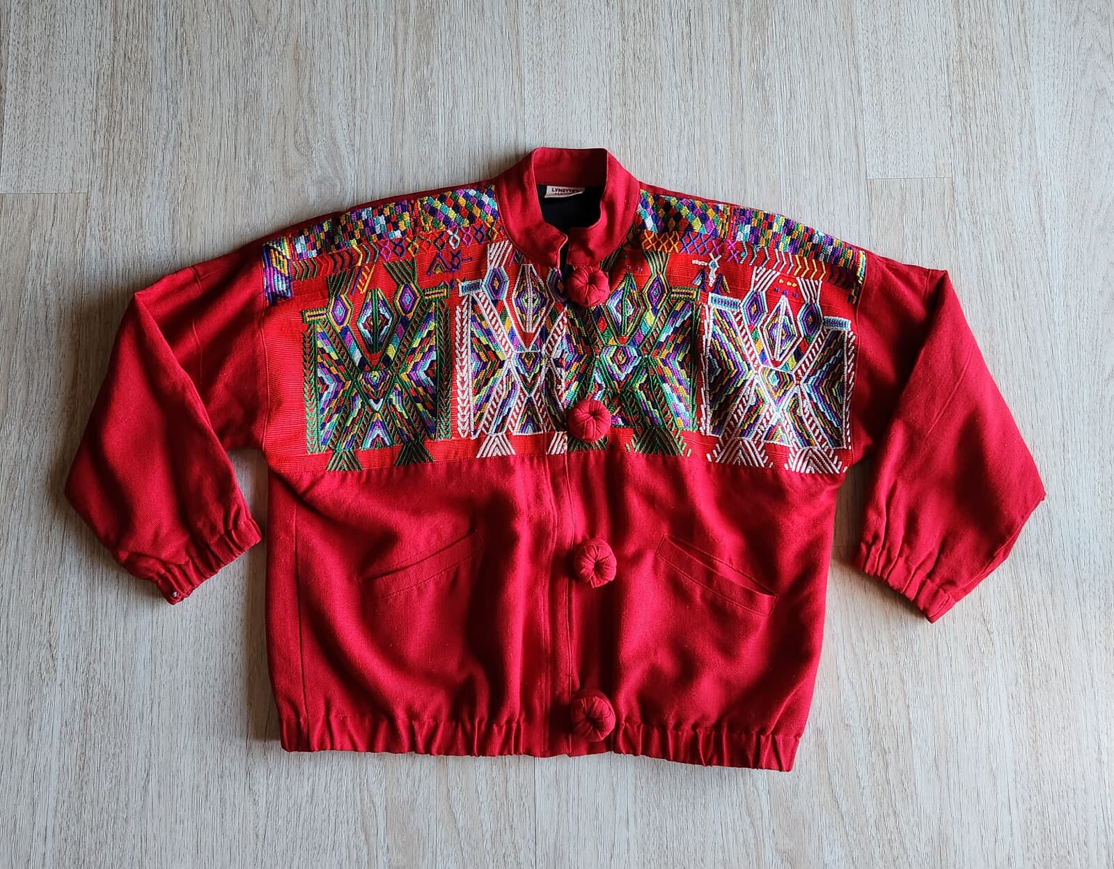 Lynette Baker Mayan Collection Handcrafted Embroidered Bomber Jacket Red Women M