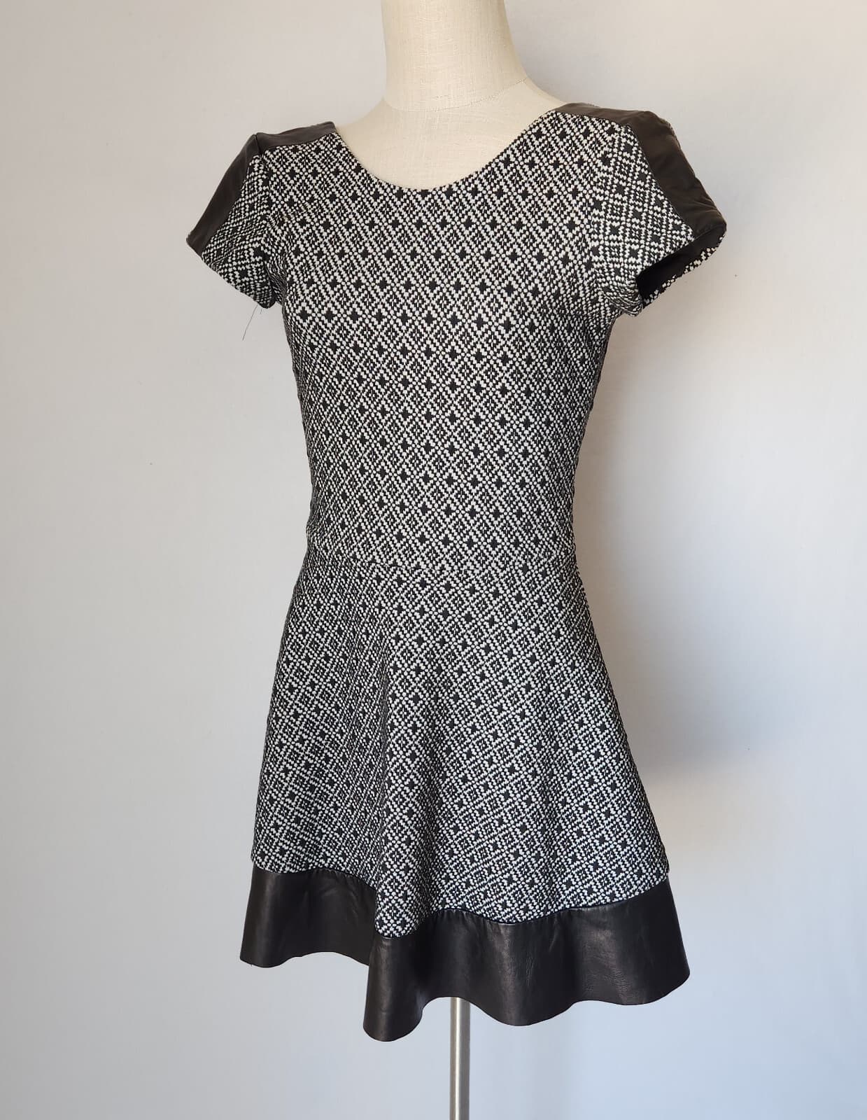 Parker $396 Jacquard Lambskin Leather Trim Skater Dress Geometric Black Sz.L