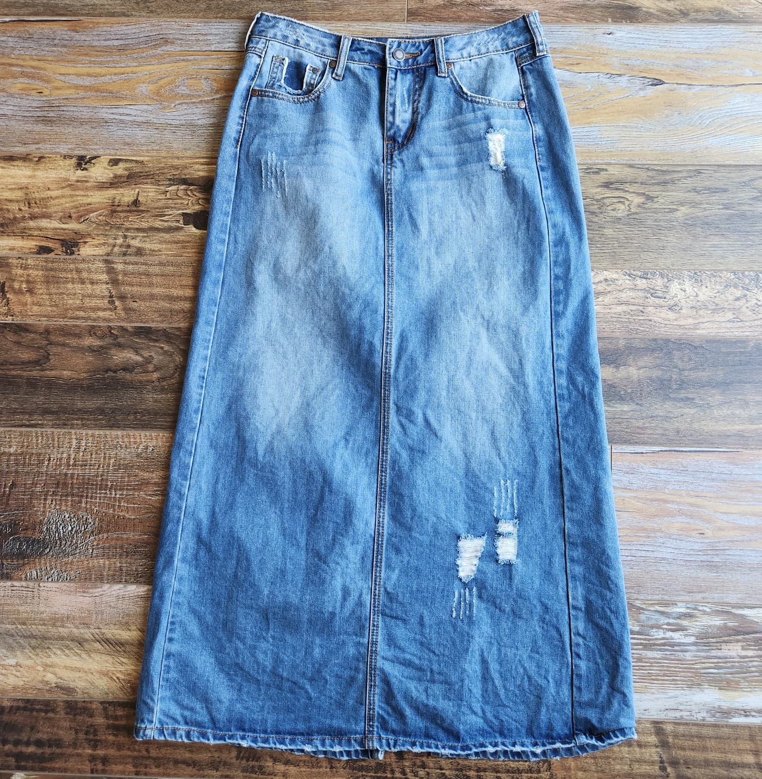 Stetson Denim Country Maxi A-Line Skirt Zip Pocket Distressed Cotton Blue Size 8