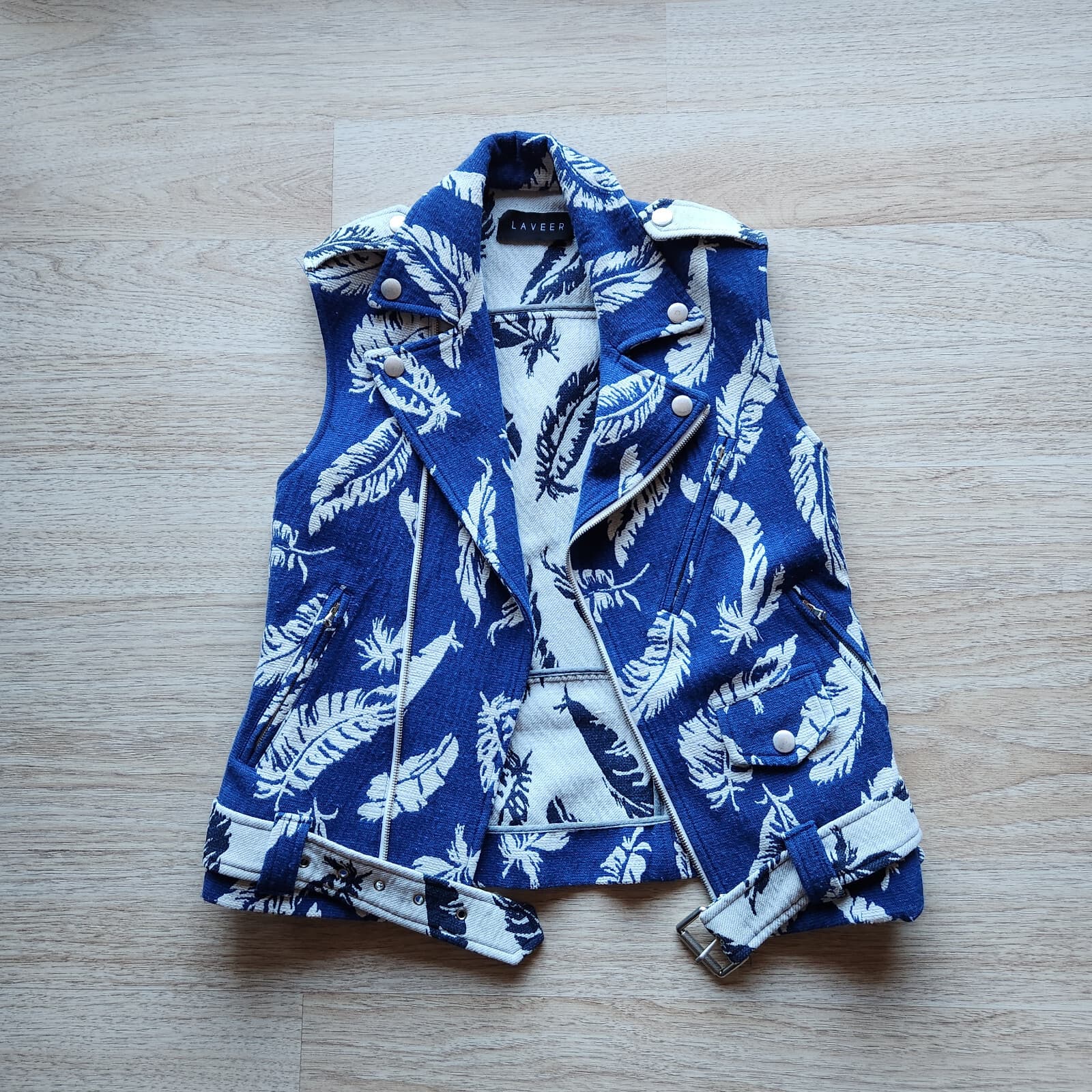Laveer Feather Belt Biker Vest Jacket Zip Pocket Blue White Women Bust 34" (S)