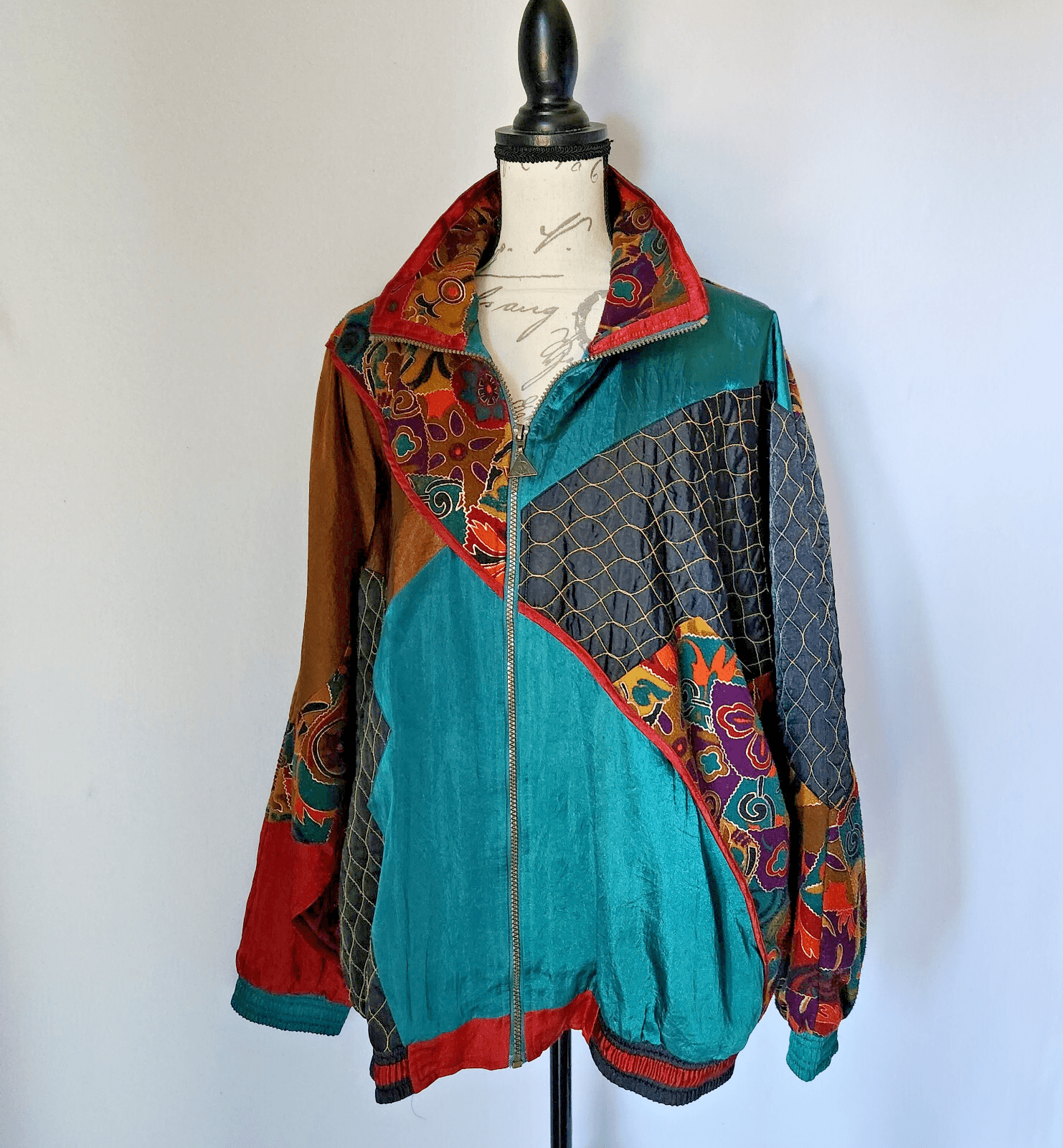 Vintage Casual Isle Patchwork Bomber Jacket Women Plus 2X Full-Zip Multicolor