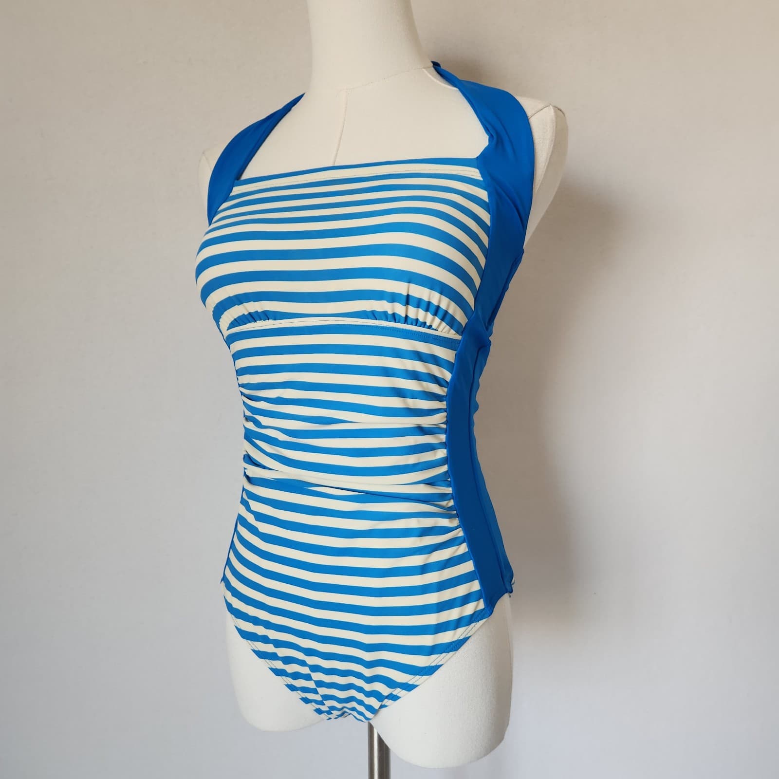 Boden Minori One Piece Swimsuit Halter Tie-Neck Bra Pad Stripe Blue White Size 4