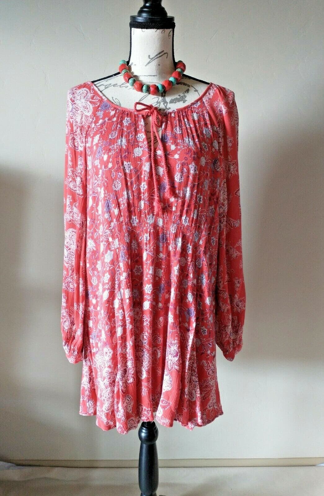 Free People Boho Mini Dress Red Floral Tassel Long Sleeve Lined 100% Rayon Sz.M