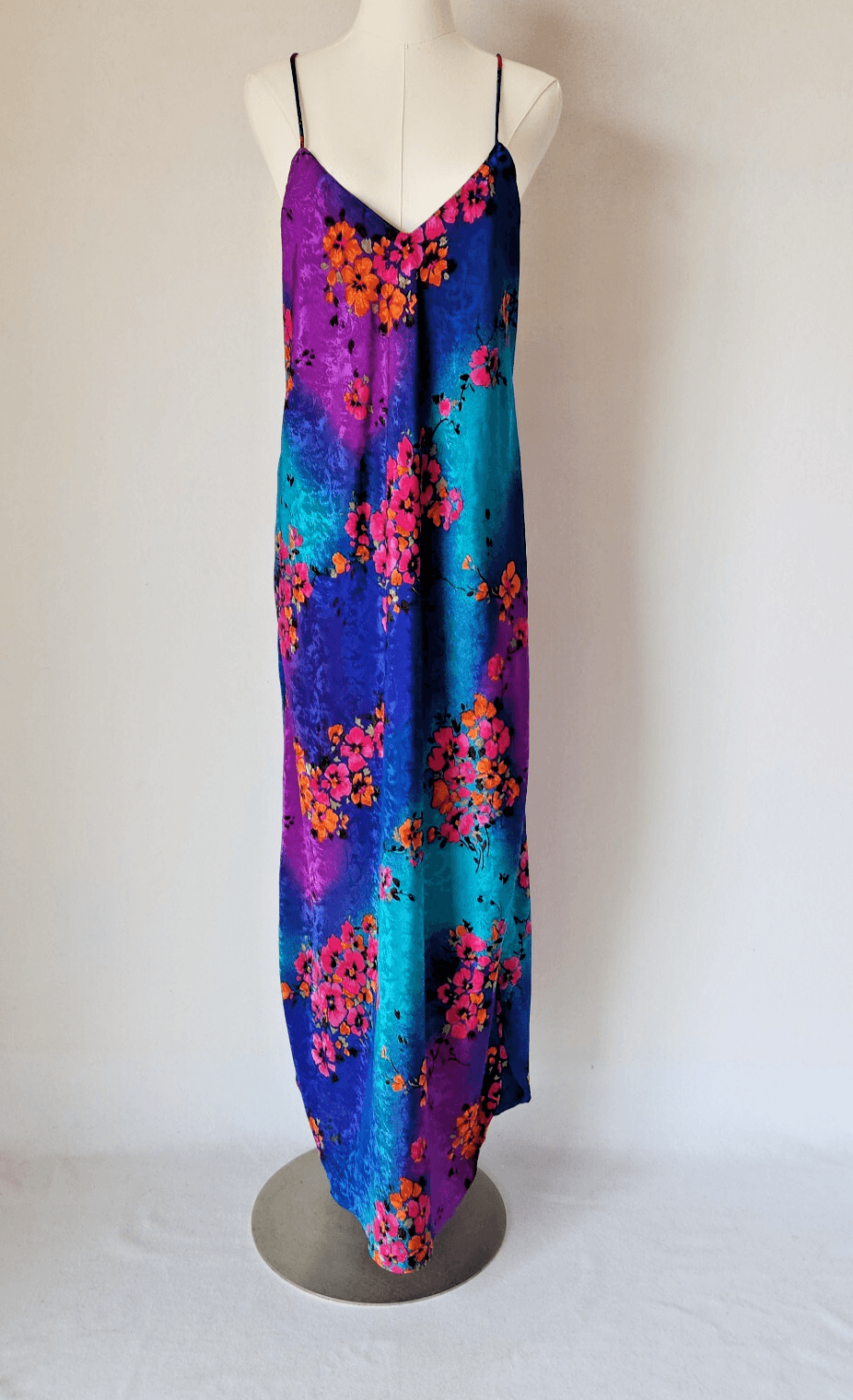 Vintage Y2K Circa 2000 USA Floral Satin Maxi Slip Dress Straps Multicolor Sz.M