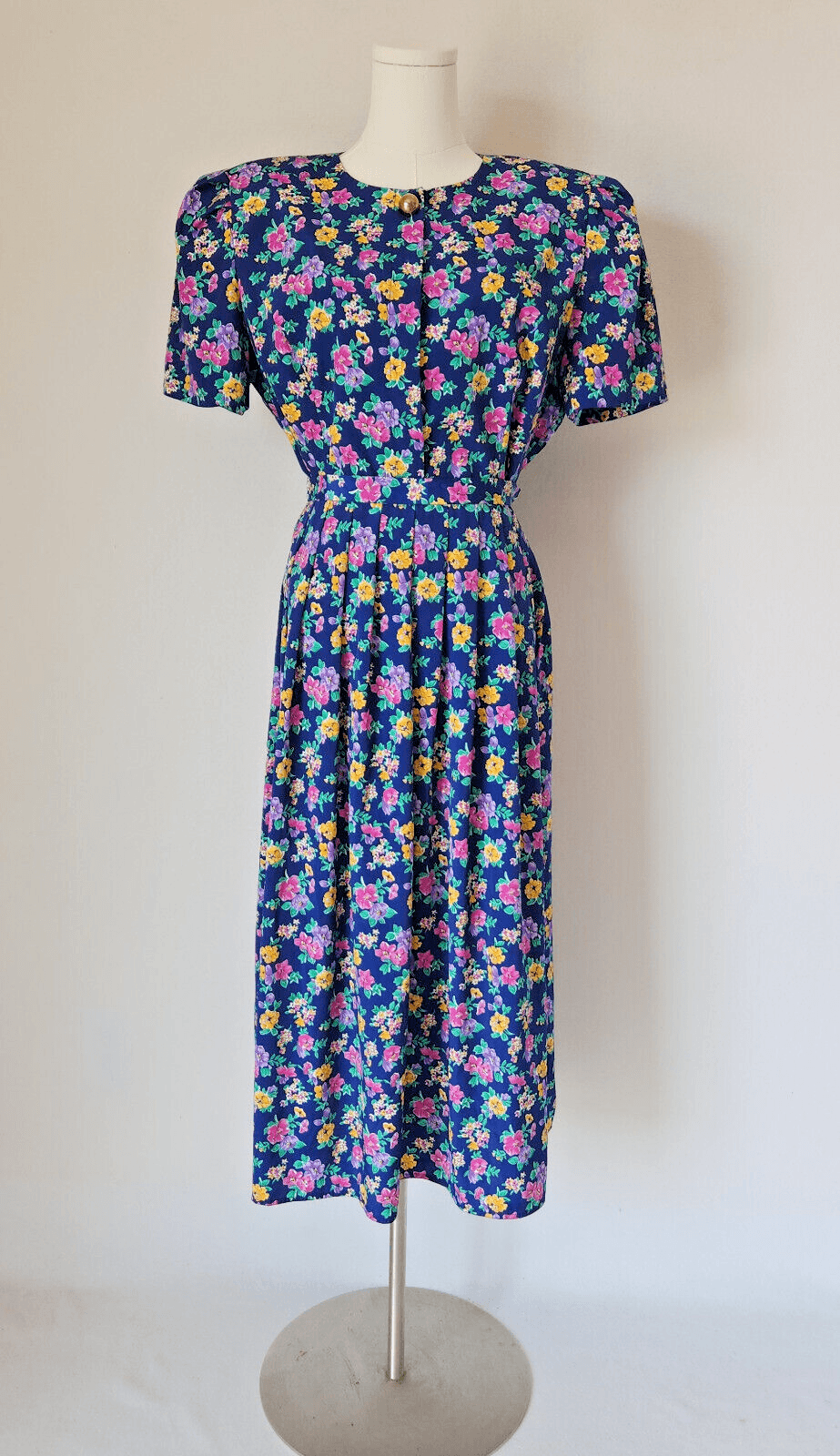 Vintage Talbots 2pc. Set Floral Button Front Top + Pleat Midi Skirt Blue Sz.12