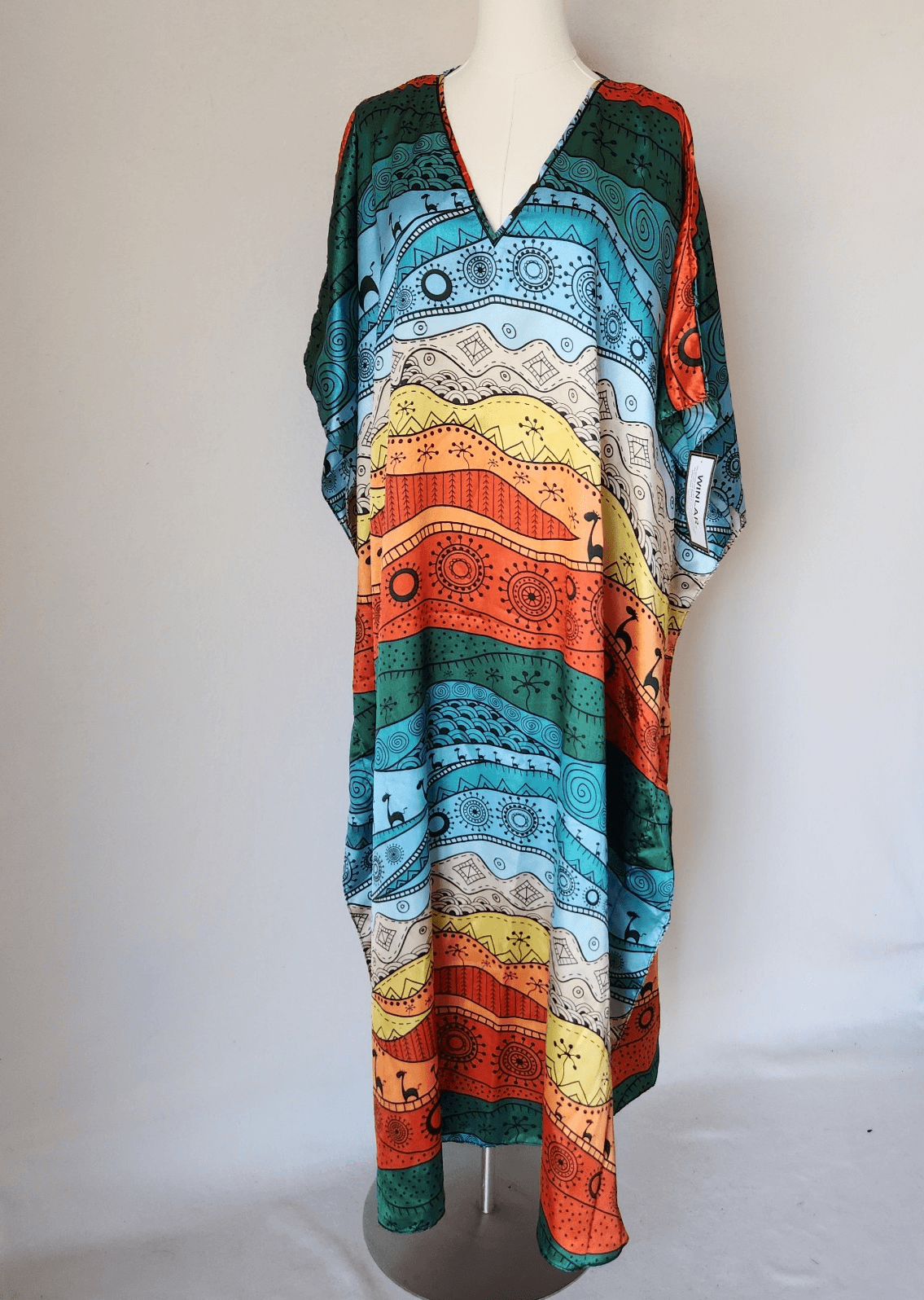 NWT Winlar Dinasaur Tribal Art Colorful Satin Maxi Caftan Dress V-Neck One Size