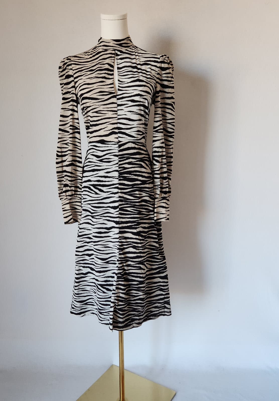 A.L.C Kennedy Animal Print Silk Two-Tone Midi Dress Long Sleeve Black Beige Sz.2