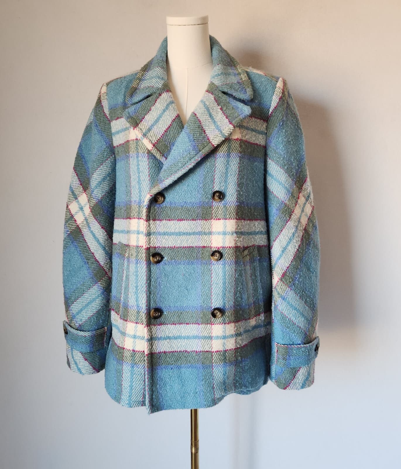 Sundance Basilica Atomic Fleck Plaid Double Breast Coat Wool Blend Blue Bust 48"