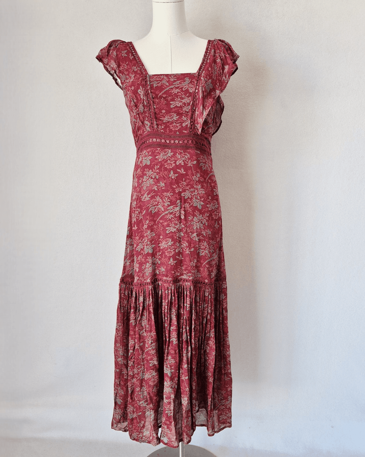 Sundance Harvest Floral Tiered Maxi Dress Ruffle Cap Sleeve Chiffon Red Womens 6