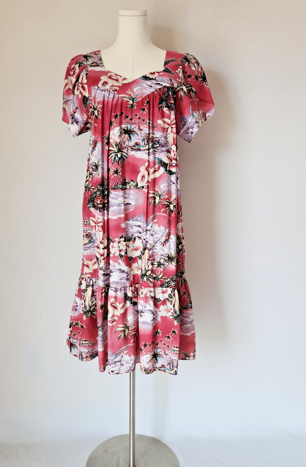 Jade Fashions Tropical Beach Hawaii MuuMuu Tiered Midi Dress Lap-Over Sleeve S
