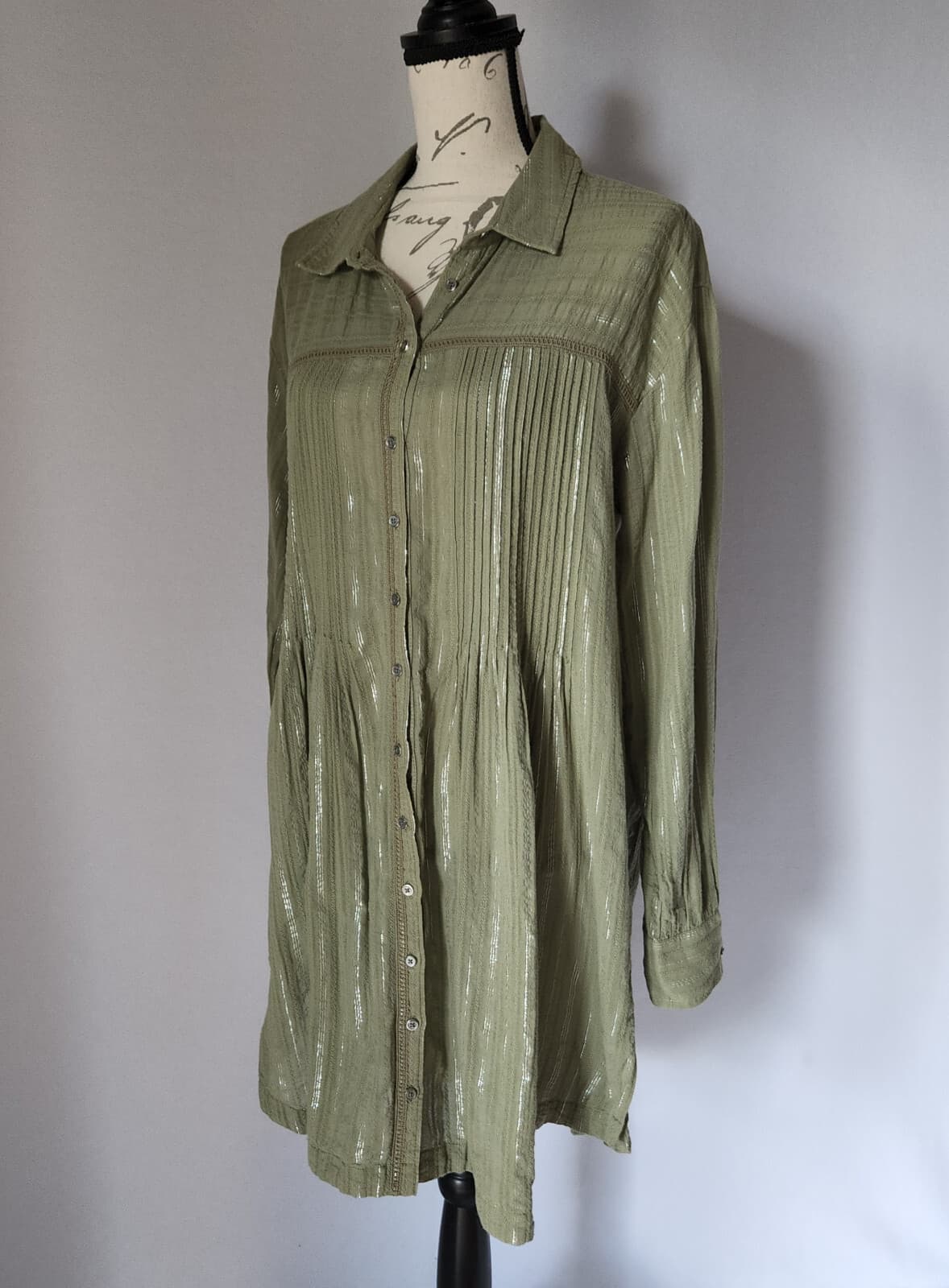 Anthropologie Pintuck Shirt Dress Button-Down Long Sleeve Green Meltaic Women M