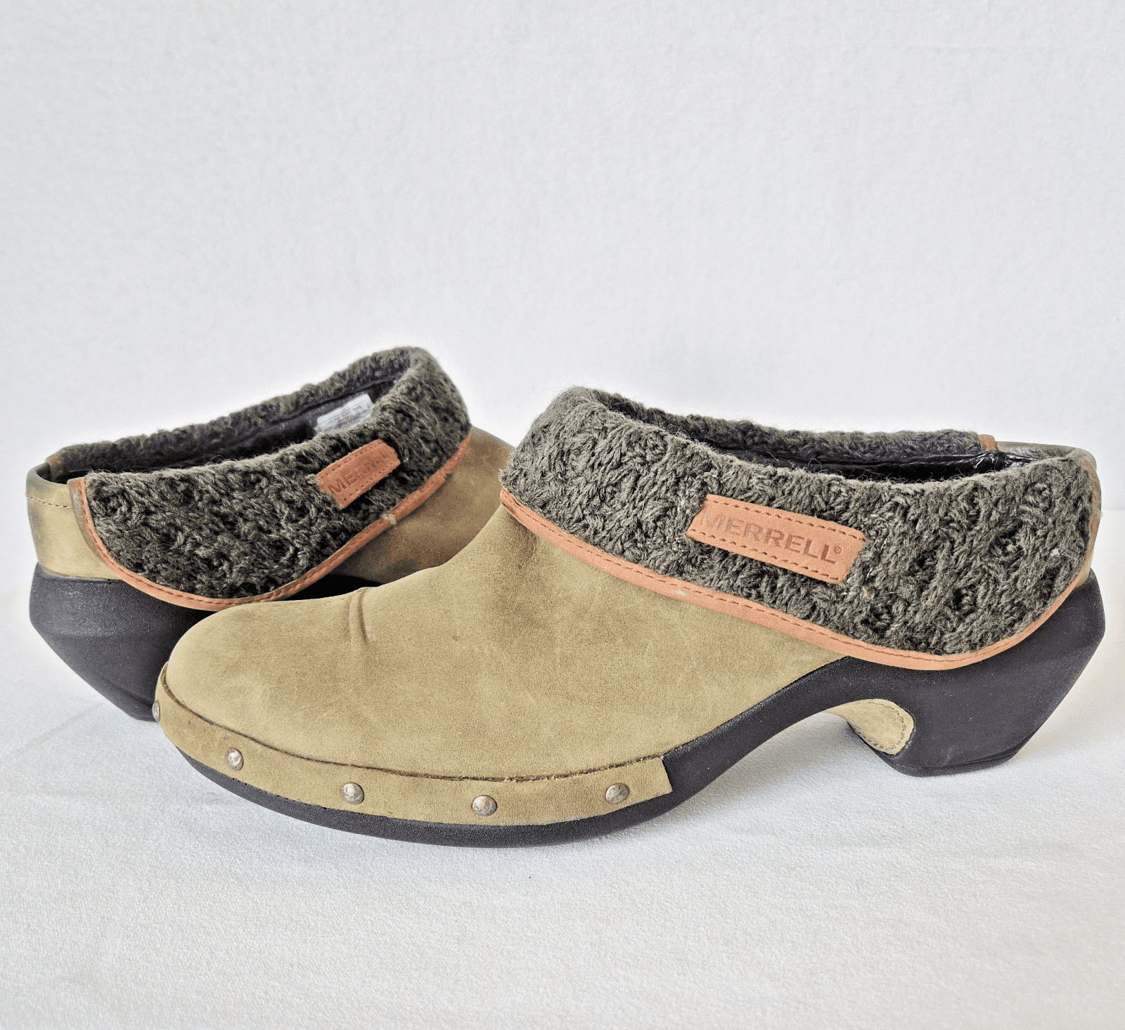 MERRELL Luxe Wrap Knit-Wool Collar Comfort Mules Leather Burnt Olive Women's 10