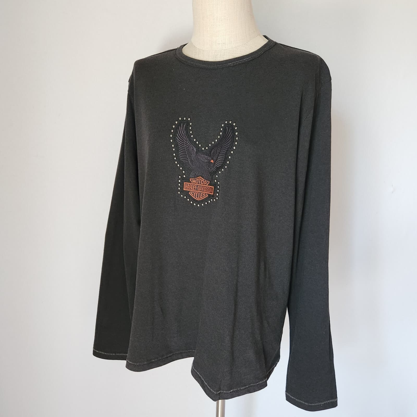 Vintage EUC Harley-Davidson Studded Logo Long Sleeve T-Shirt Black Grey Women 2W