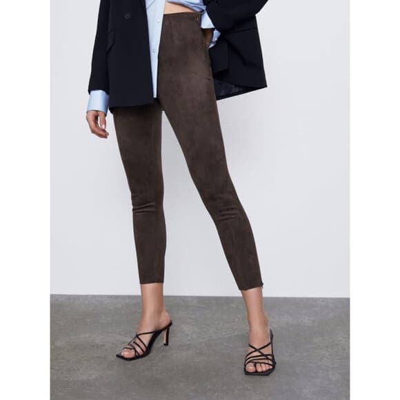 ZARA Faux Suede Skinny Pants High Rise Zip-Ankle Elastic Waist Brown Women Sz.XL
