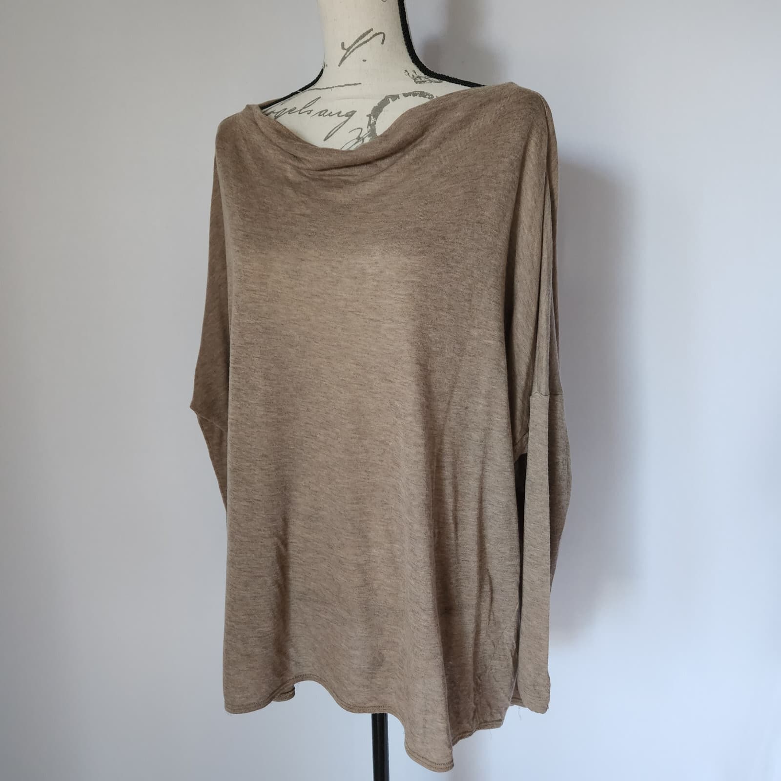 Bryn Walker Cowl Neck Knit Tunic Top Drop Shoulder 3/4 Sleeve Brown Oversize XS