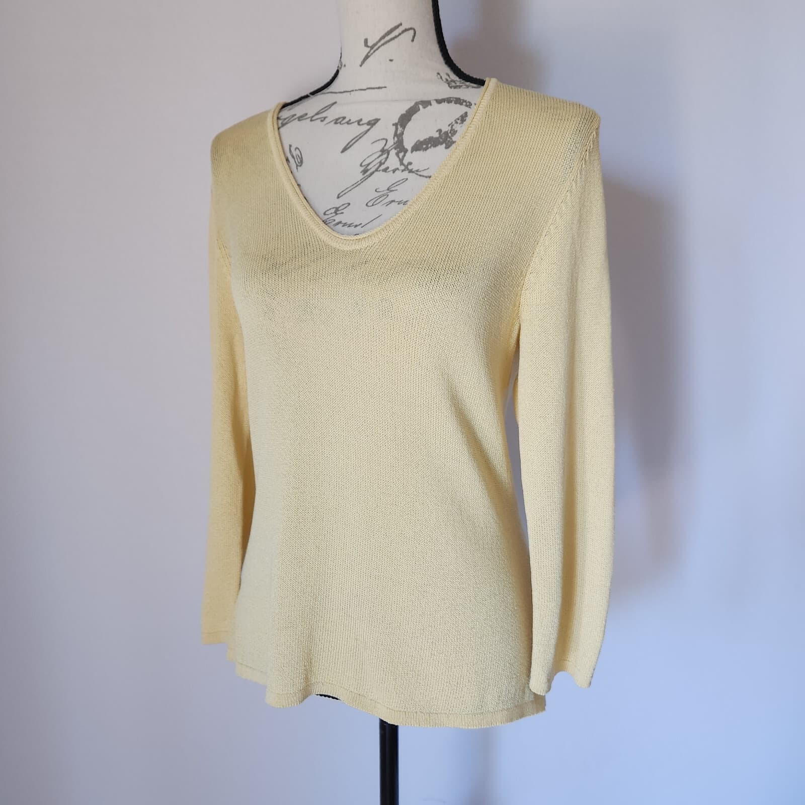 Vintage EIEEN FISHER Italian Yarn Cotton Blend Knit Top Sweater V-Neck Yellow S