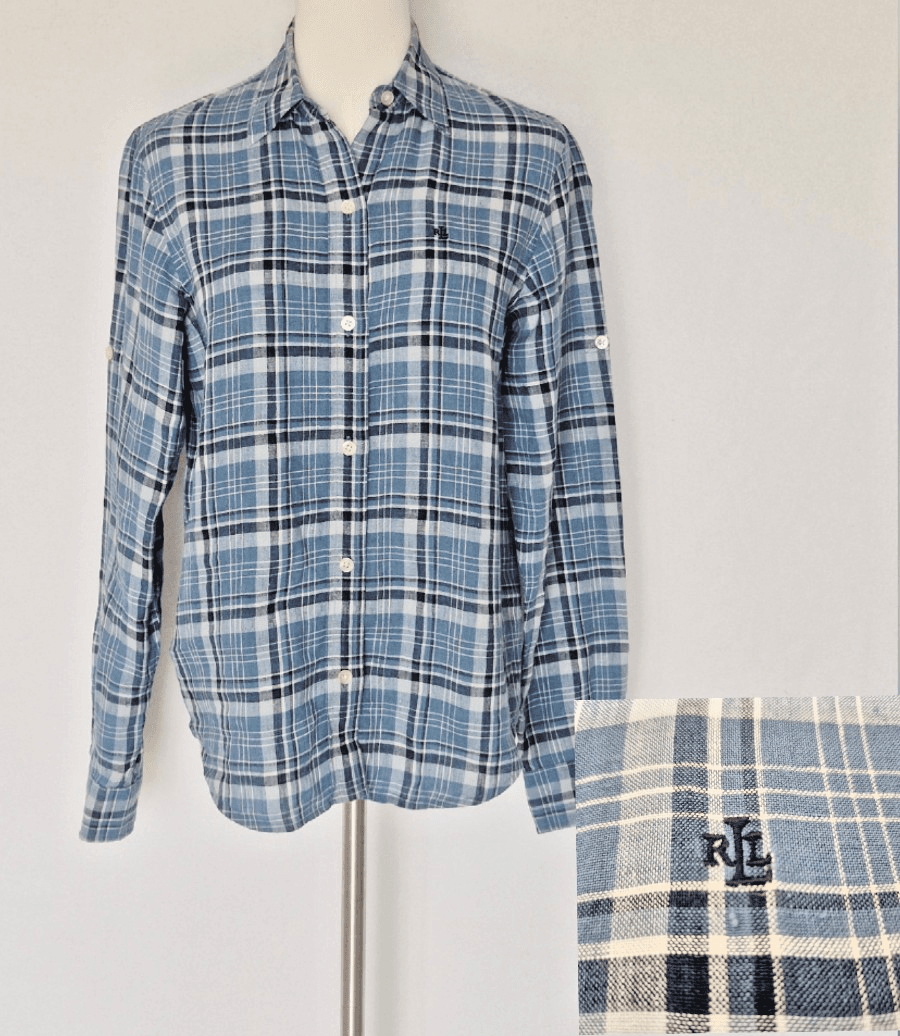 Vintage Lauren Ralph Lauren Linen Blue Plaid Button-Up Shirt Long Sleeve Size PS