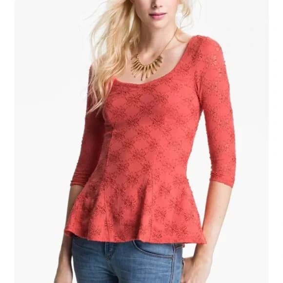 NWoT Free People Daisy Lace Godet Knit Top Peplum 3/4 Sleeve Scoopneck Orange L